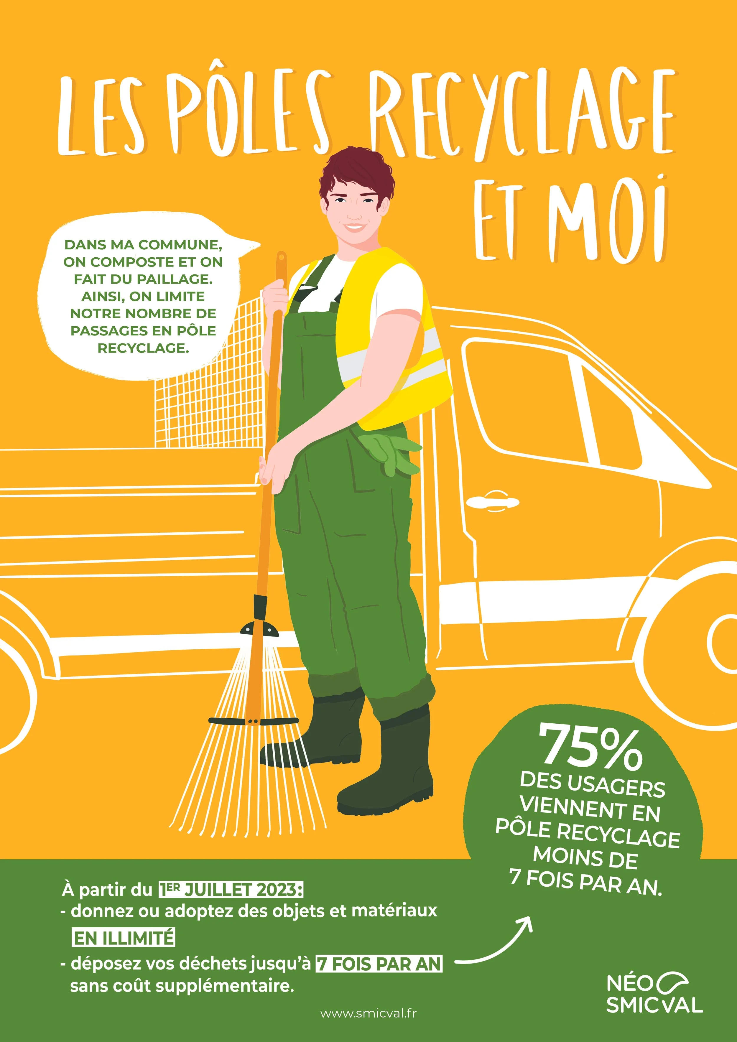Affiche de sensibilisation sur le recyclage avec une illustration d'une personne en tenue de travail verte et un gilet jaune, tenant un râteau. Texte : "Les pôles recyclage et moi", informations sur le compostage dans la commune, et statistiques sur 