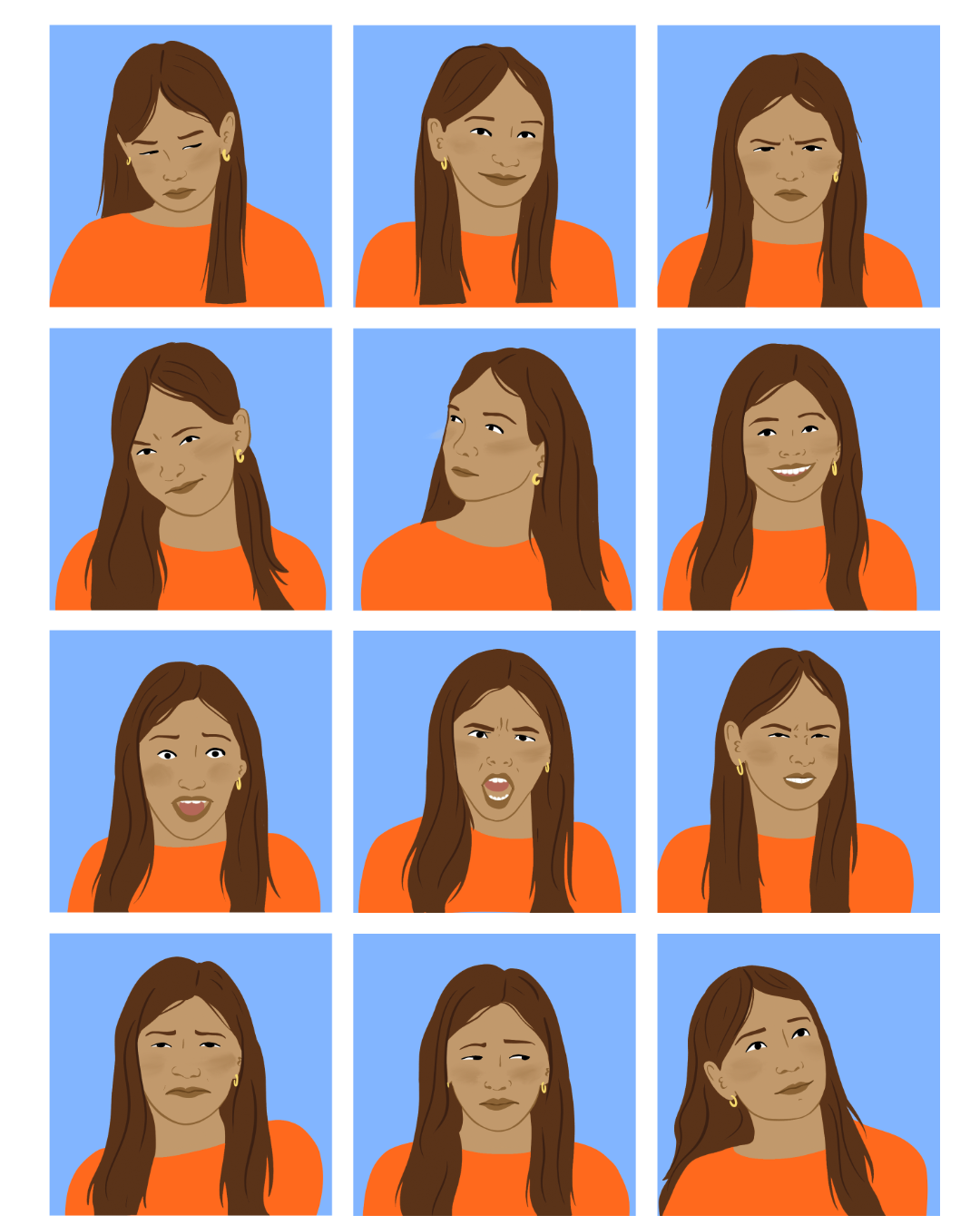 Une grille de douze portraits d'une femme exprimant différentes émotions, portant un t-shirt orange et des boucles d'oreilles, avec un fond bleu.