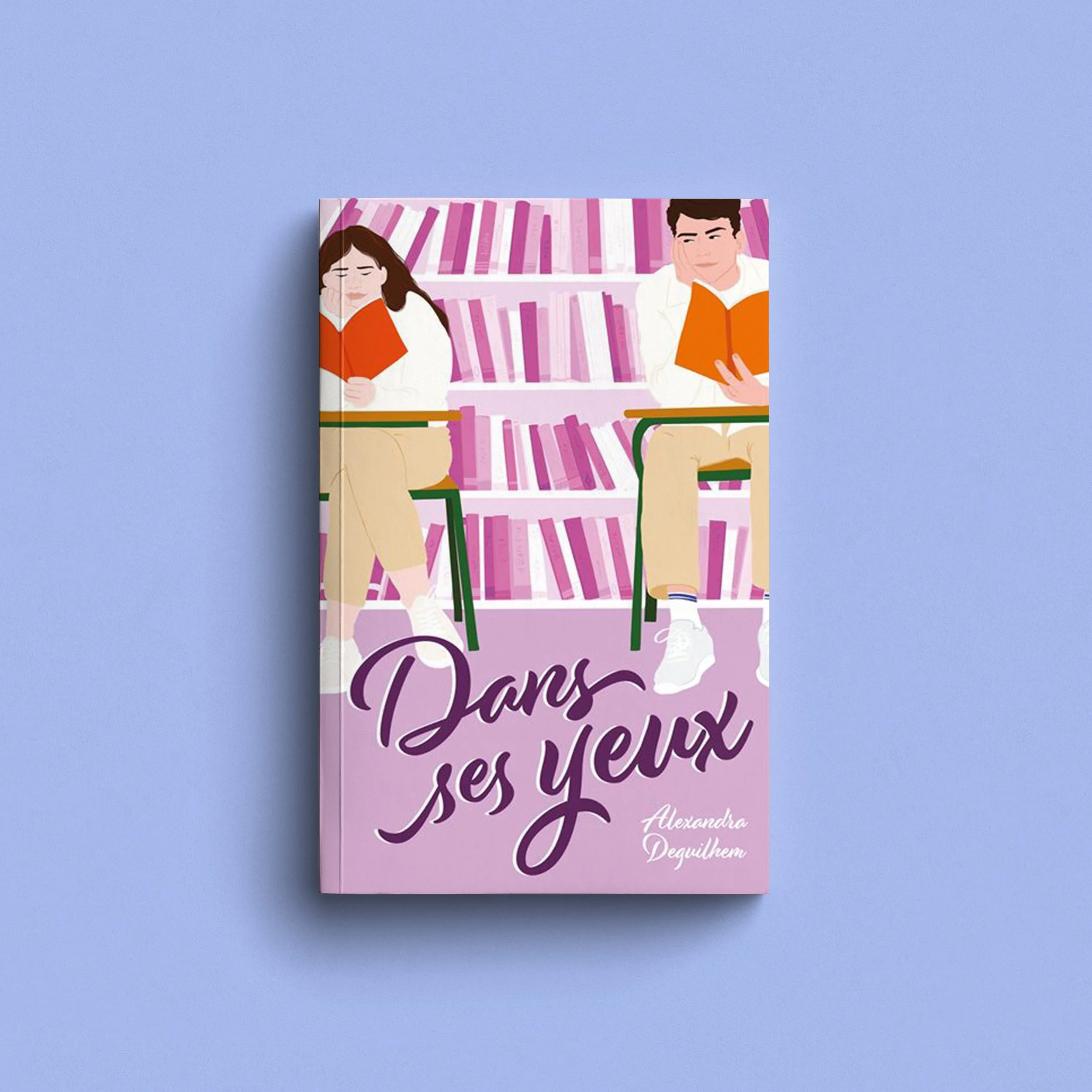 Couverture d'un livre intitulé 'Dans toits se yeux' avec une illustration de deux jeunes assis sur un banc, lisant, dans un décor de bibliothèque.