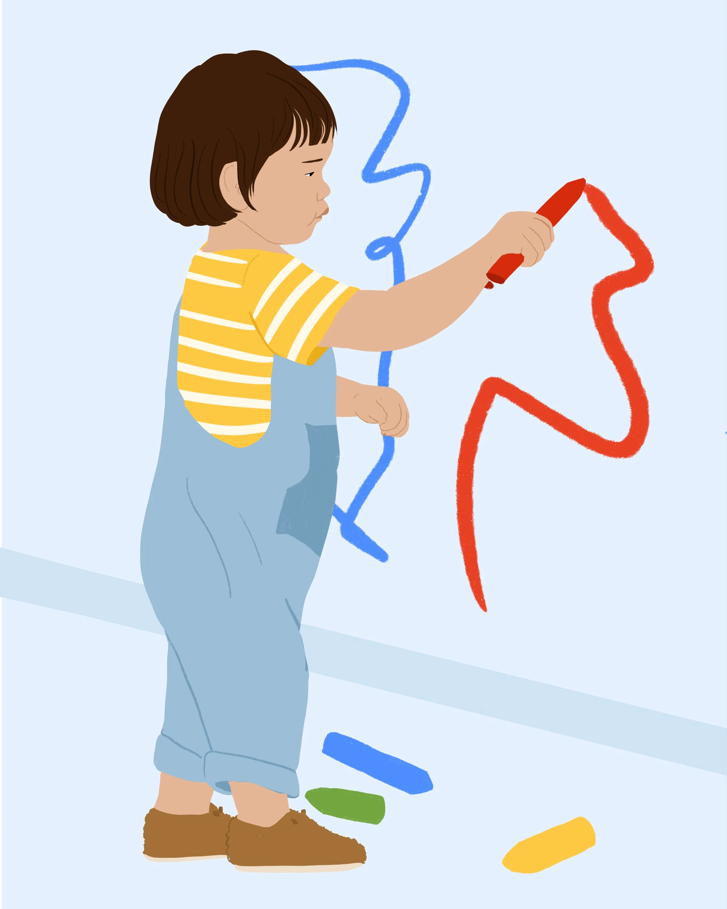 Un enfant avec une chemise à rayures jaunes et blanches, portant un pantalon bleu et des bottes marron, dessine avec des craies de différentes couleurs sur un mur.