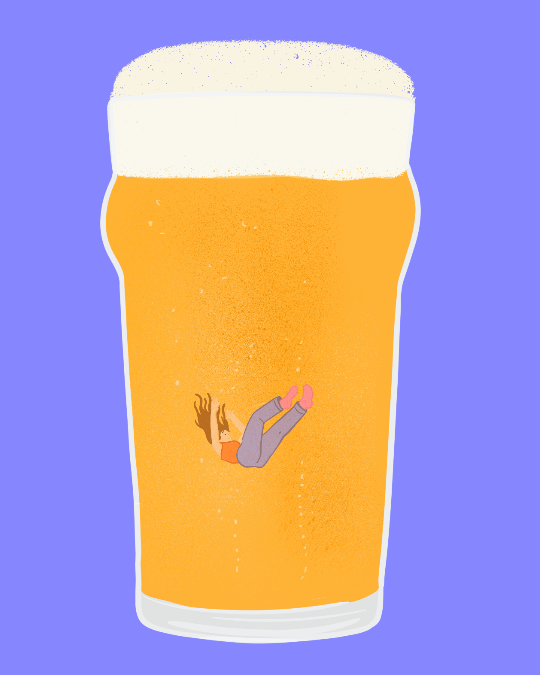 Une illustration d'un grand verre de bière dorée avec une tête blanche sur un fond violet. Un petit personnage illustré flotte à l'intérieur de la bière.