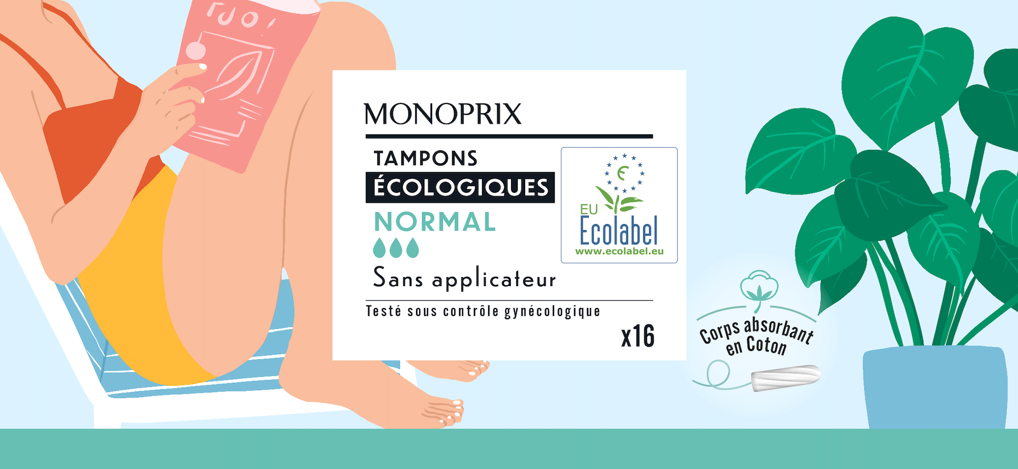 Étiquette de tampons écologiques Monprix avec un symbole de feuille, indiquant qu'ils sont normaux, sans applicateur, testés sous contrôle gynécologique, en quantité de 16, avec un corps absorbant en coton et une illustration de femme utilisant un ta
