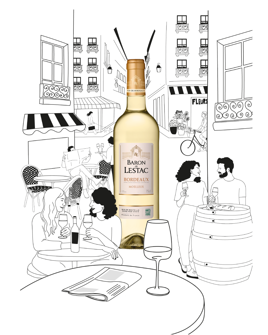 Une bouteille de vin blanc Baron de Lestac Bordeaux dans un fond illustré d'une scène de café ou de brasserie, avec des personnes assises à des tables, discutant, buvant du vin, et un cycliste entrant dans la scène.