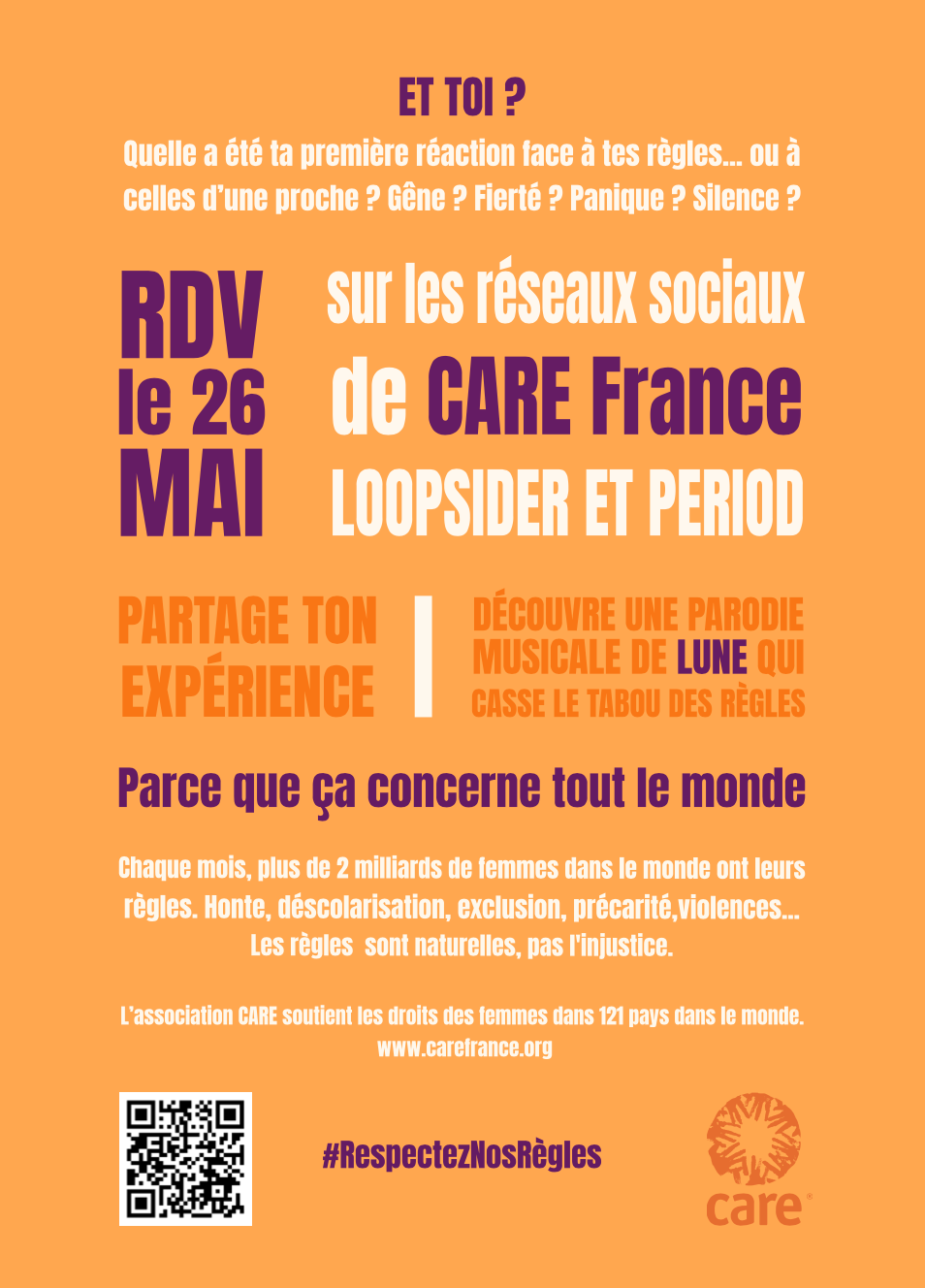 Affiche orange avec texte en violet, blanc et orange sur un événement de CARE France. Inclut date, lien social, partage d'expérience, lutte contre les stéréotypes, droits des femmes, et un code QR.