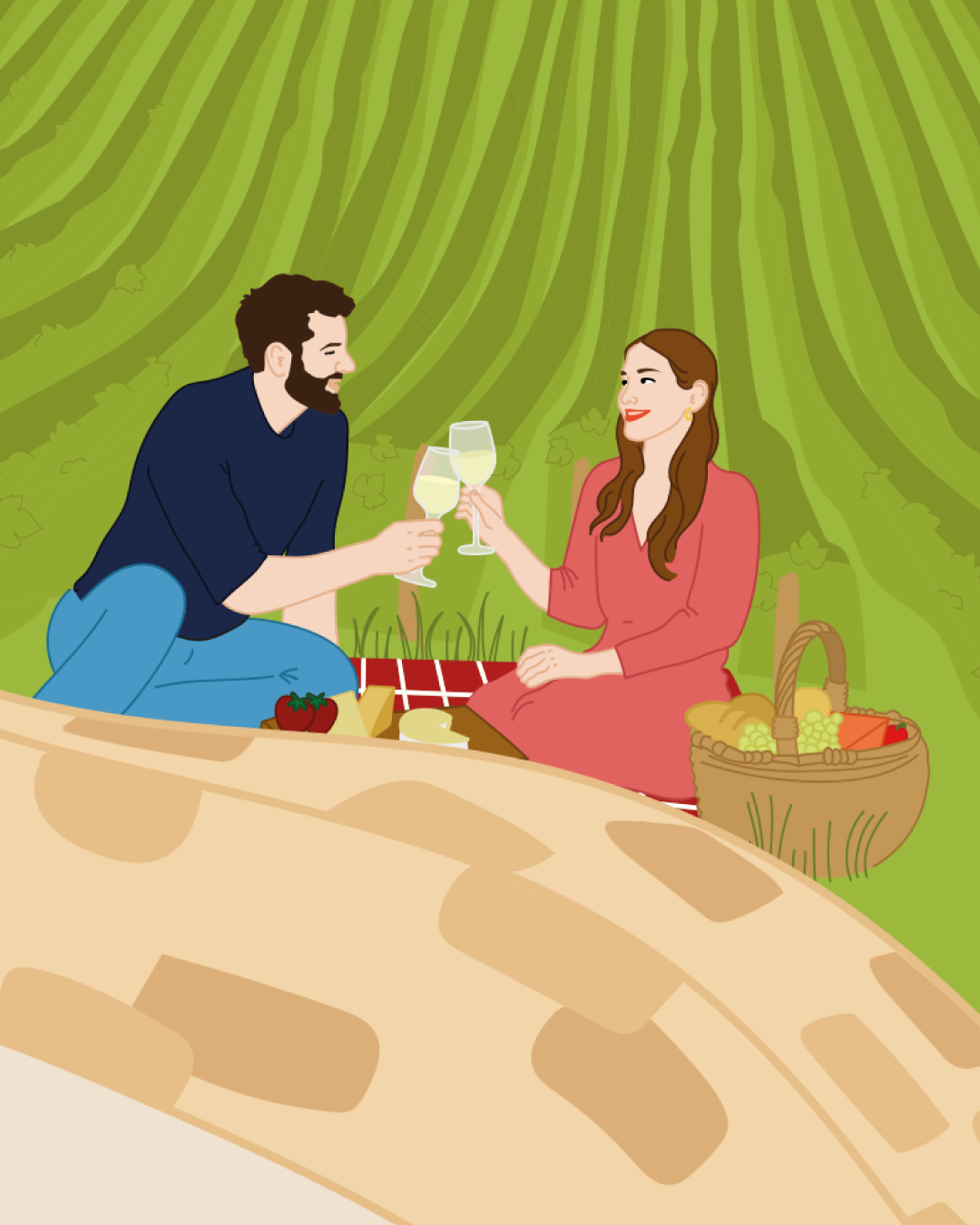 Un couple pique-niquant sur l'herbe, avec des vues de paysages, levant des verres de vin ou de champagne pour trinquer, accompagnés de nourriture et de fruits dans un panier.
