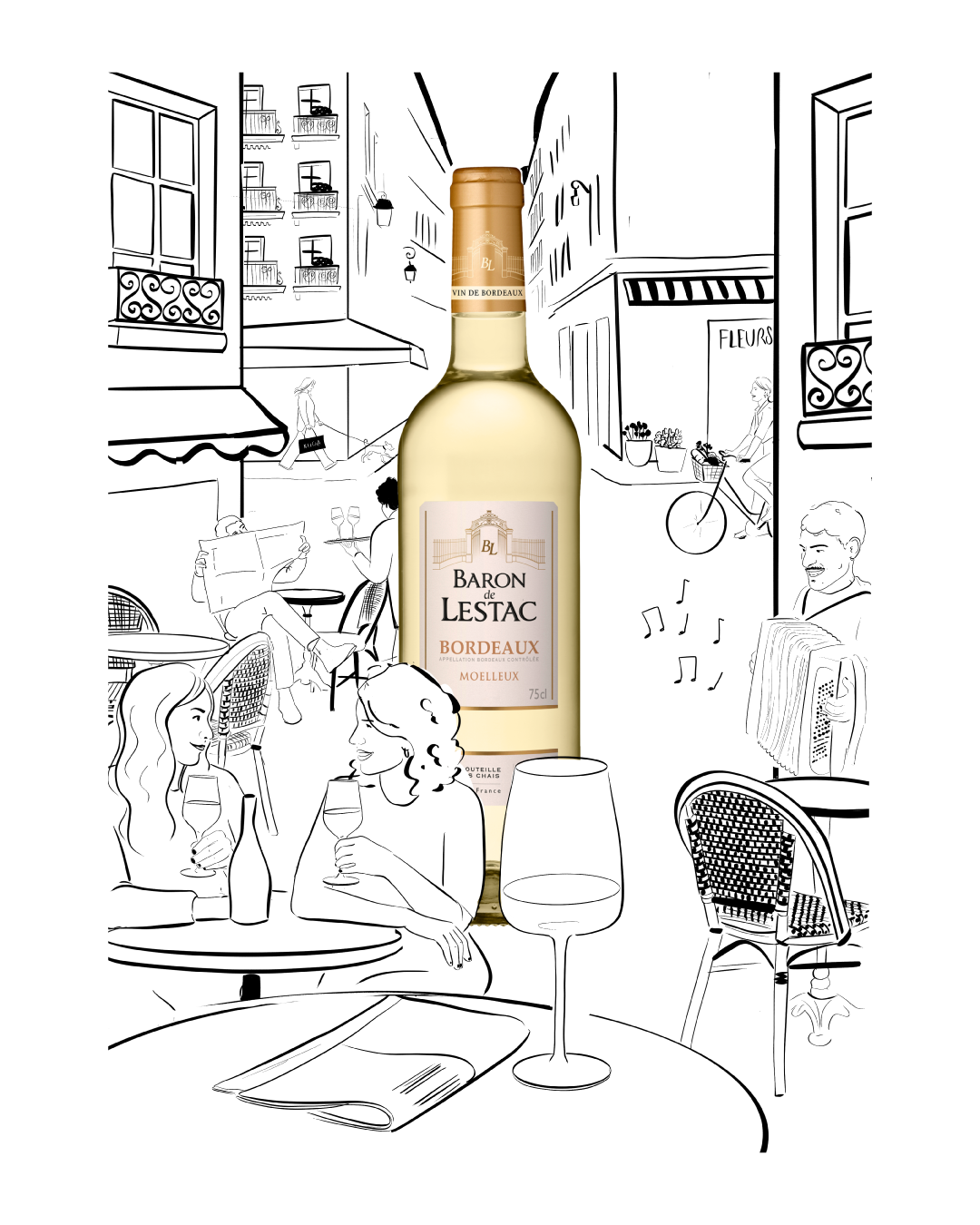 Une bouteille de vin blanc de Bordeaux au centre d'une scène de café ou restaurant en style dessin noir et blanc, avec des personnes discutant, buvant et jouant de la musique dans une ambiance animée.
