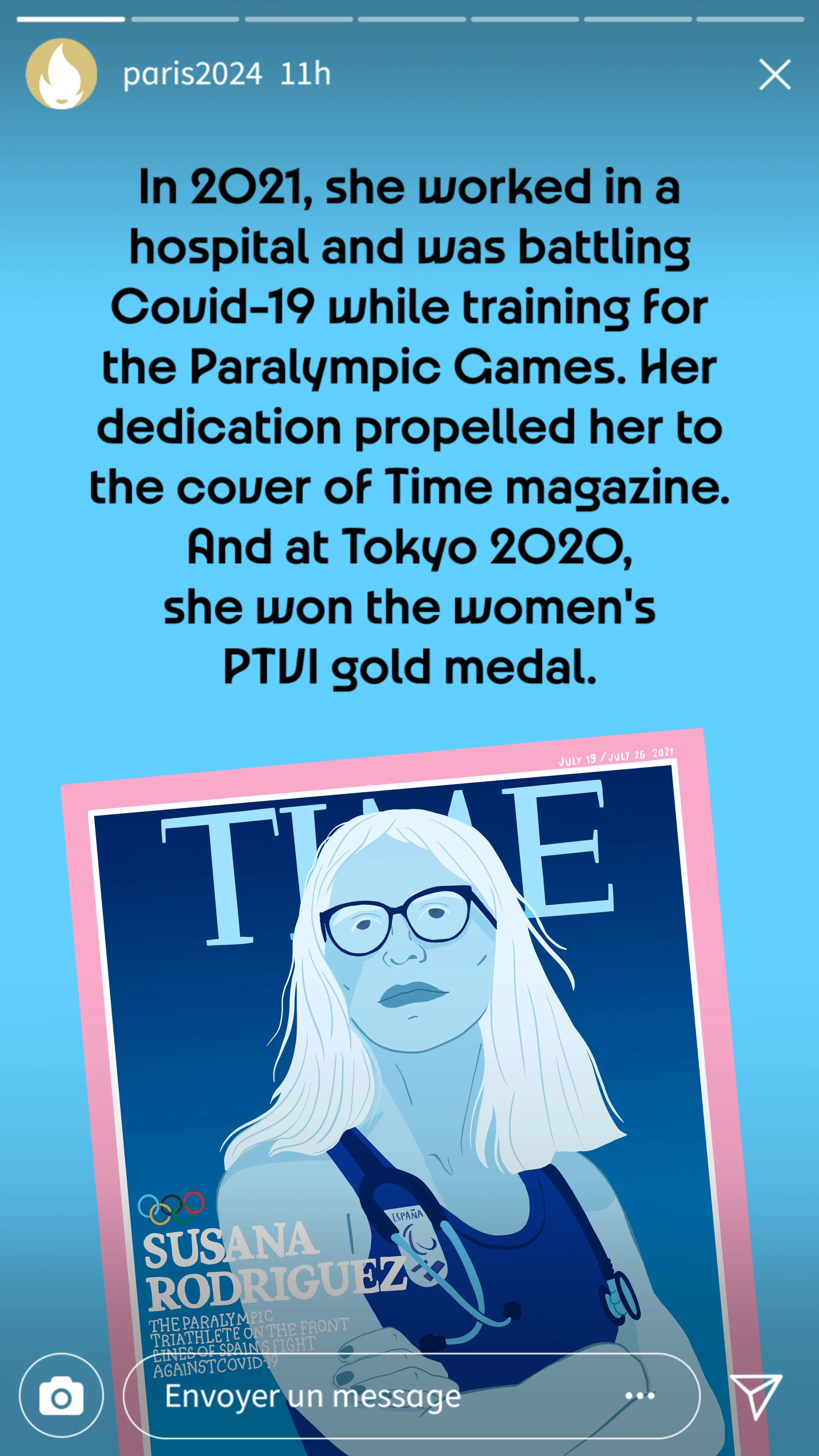 Une illustration d'une athlète paralympique portant des lunettes et un casque, avec un livre de Time magazine derrière elle, en référence à Susana Rodríguez, médaillée d'or aux Jeux Paralympiques de Tokyo 2020, en lien avec la lutte contre le Covid-1