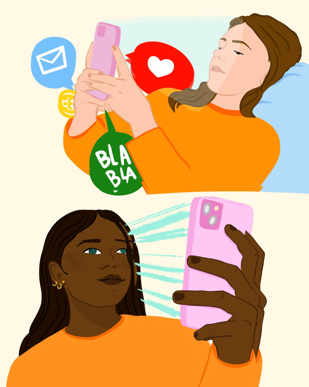Une illustration de deux femmes utilisant leur téléphone portable, une allongée dans un lit, l'autre prenant un selfie, entourées d'icônes de messagerie, amour, et commentaires.