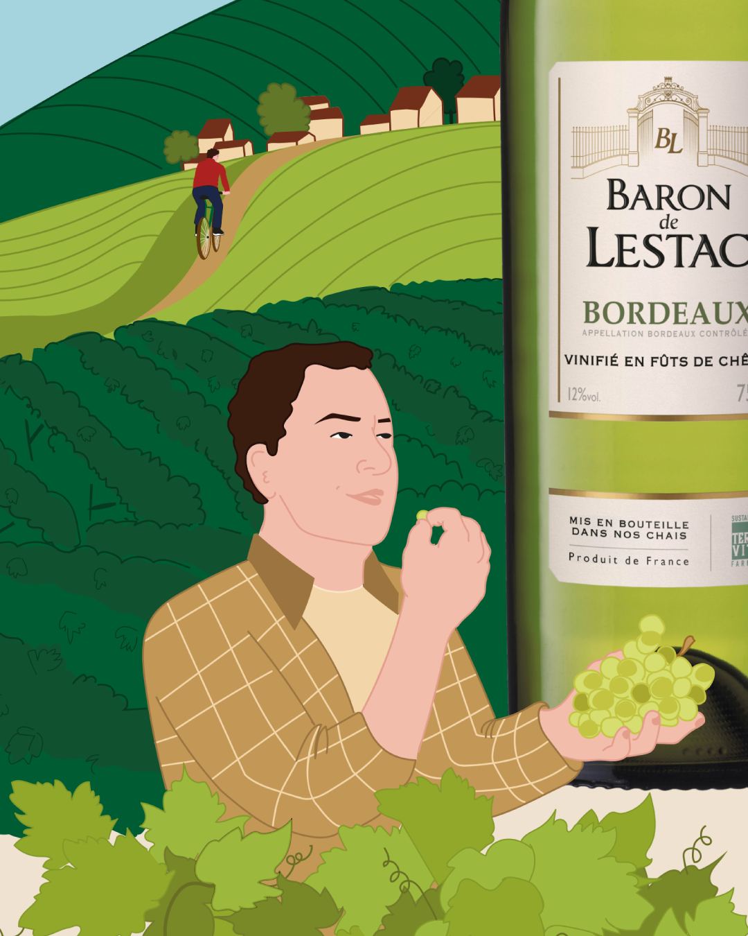 Un homme en chemise à carreaux dégustant un verre de vin dans un vignoble avec des collines verdoyantes, un cycliste sur un sentier et une grande bouteille de vin