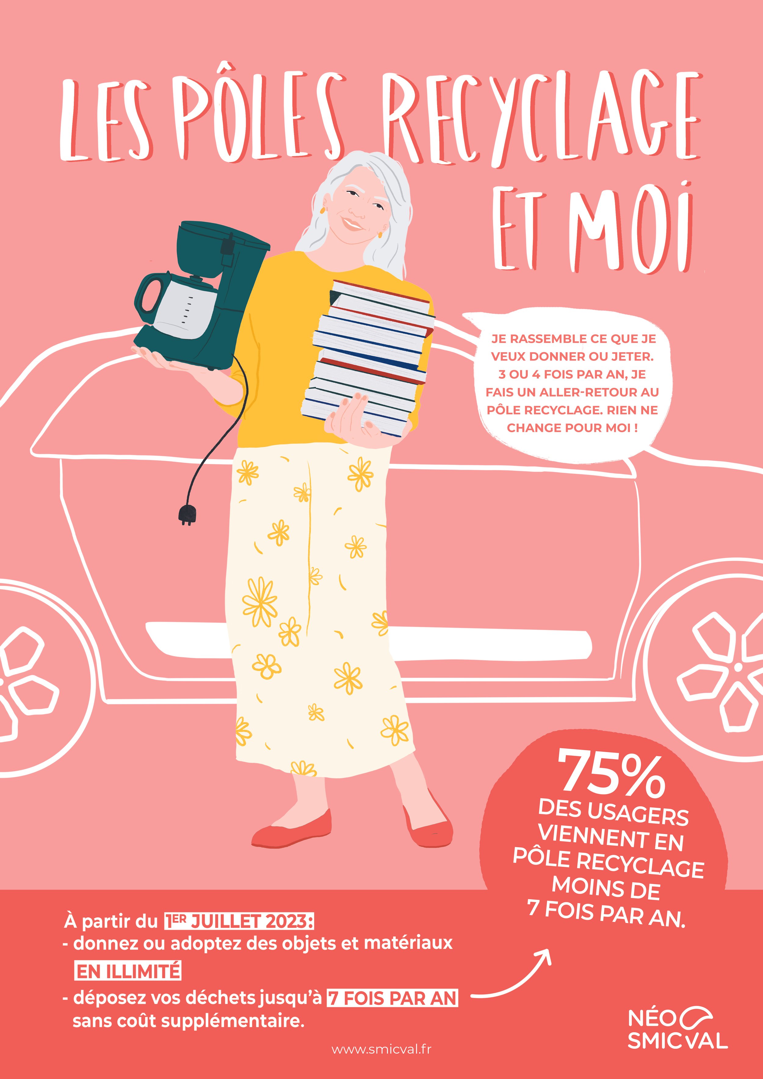 Affiche illustrée promouvant le recyclage. Une femme debout tient une cafetière et une pile de livres. Texte en français sur les avantages des pôles de recyclage, avec une voiture stylisée en arrière-plan. Mentionne des changements à partir de juille