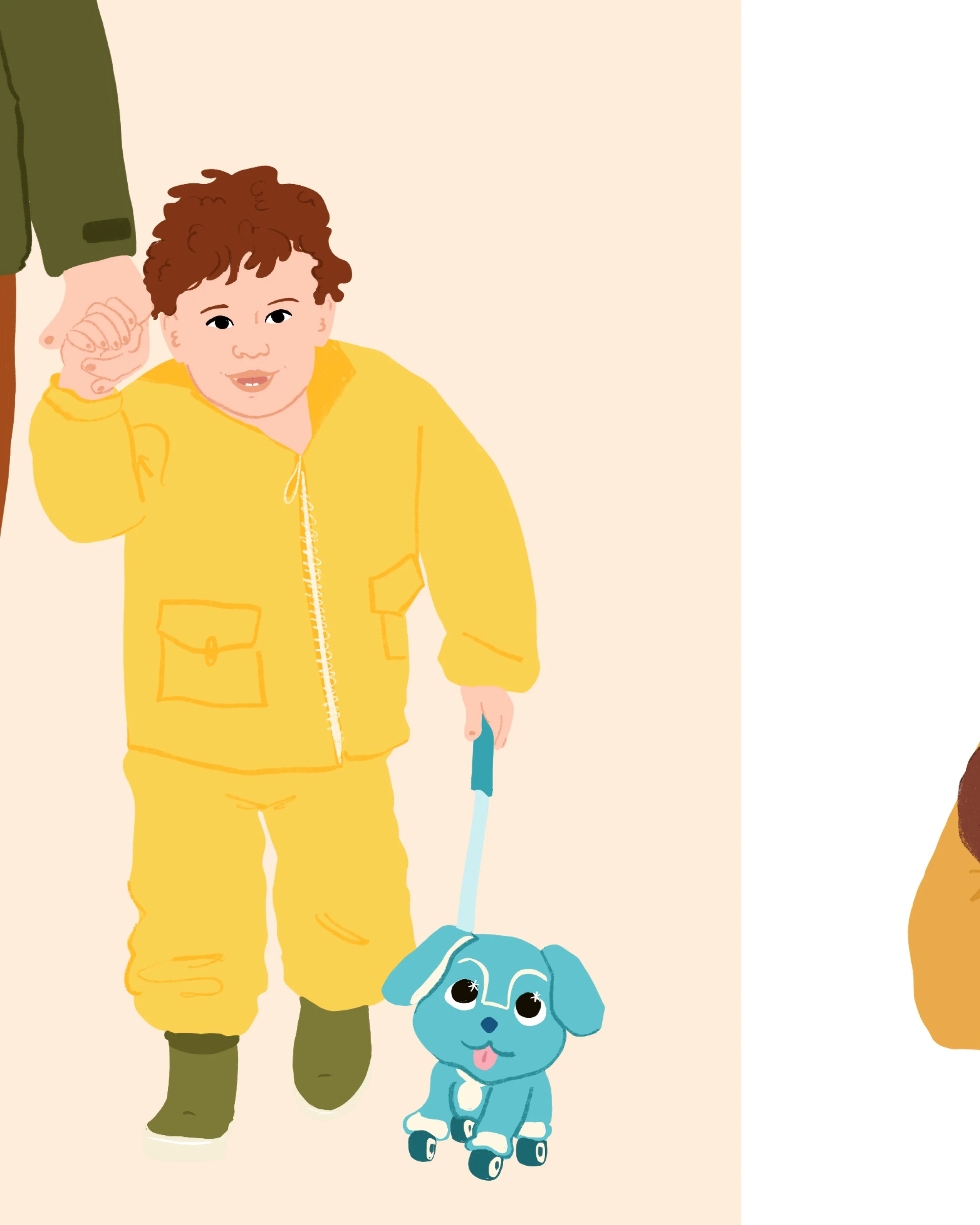 Un enfant en roller avec un chien bleu sur une patinette