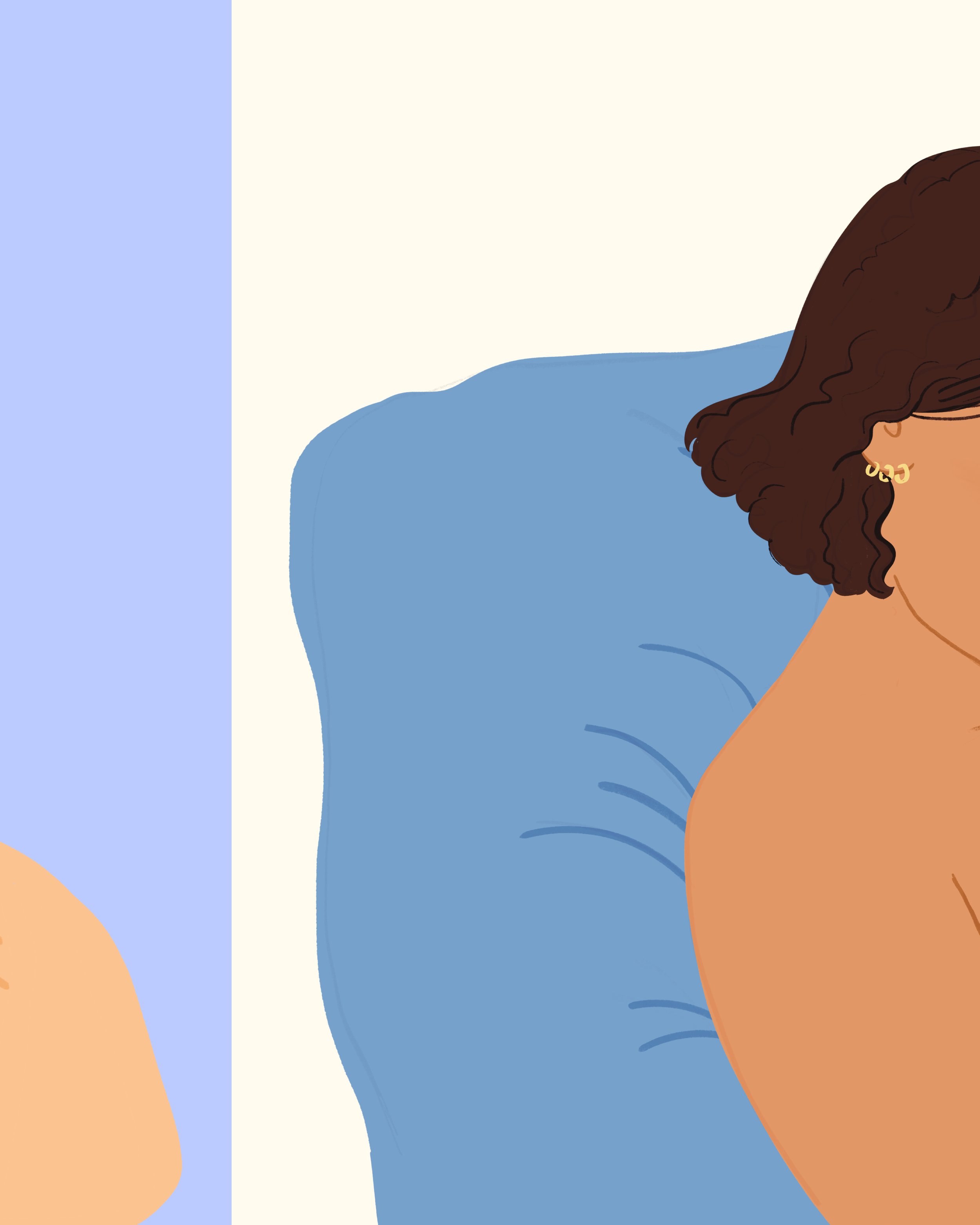 Une illustration artistique d'une femme avec de longues boucles brunes, portant des boucles d'oreilles en or, vue de côté, avec un fond coloré