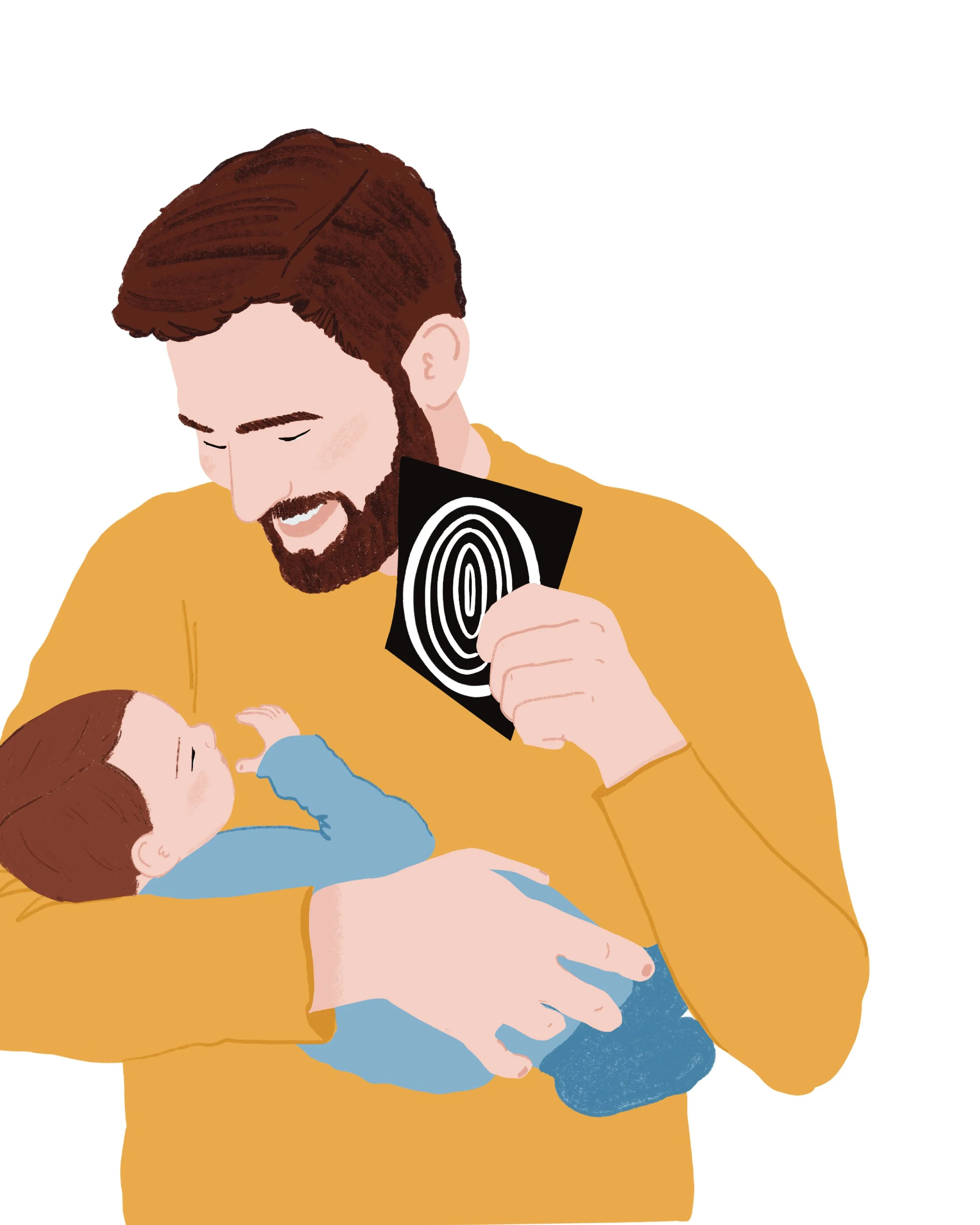 Un homme avec une barbe et des cheveux bruns tient un bébé dans ses bras pendant qu'il regarde un panneau avec une empreinte digitale. L'homme porte un sweat jaune et le bébé porte un vêtement bleu.
