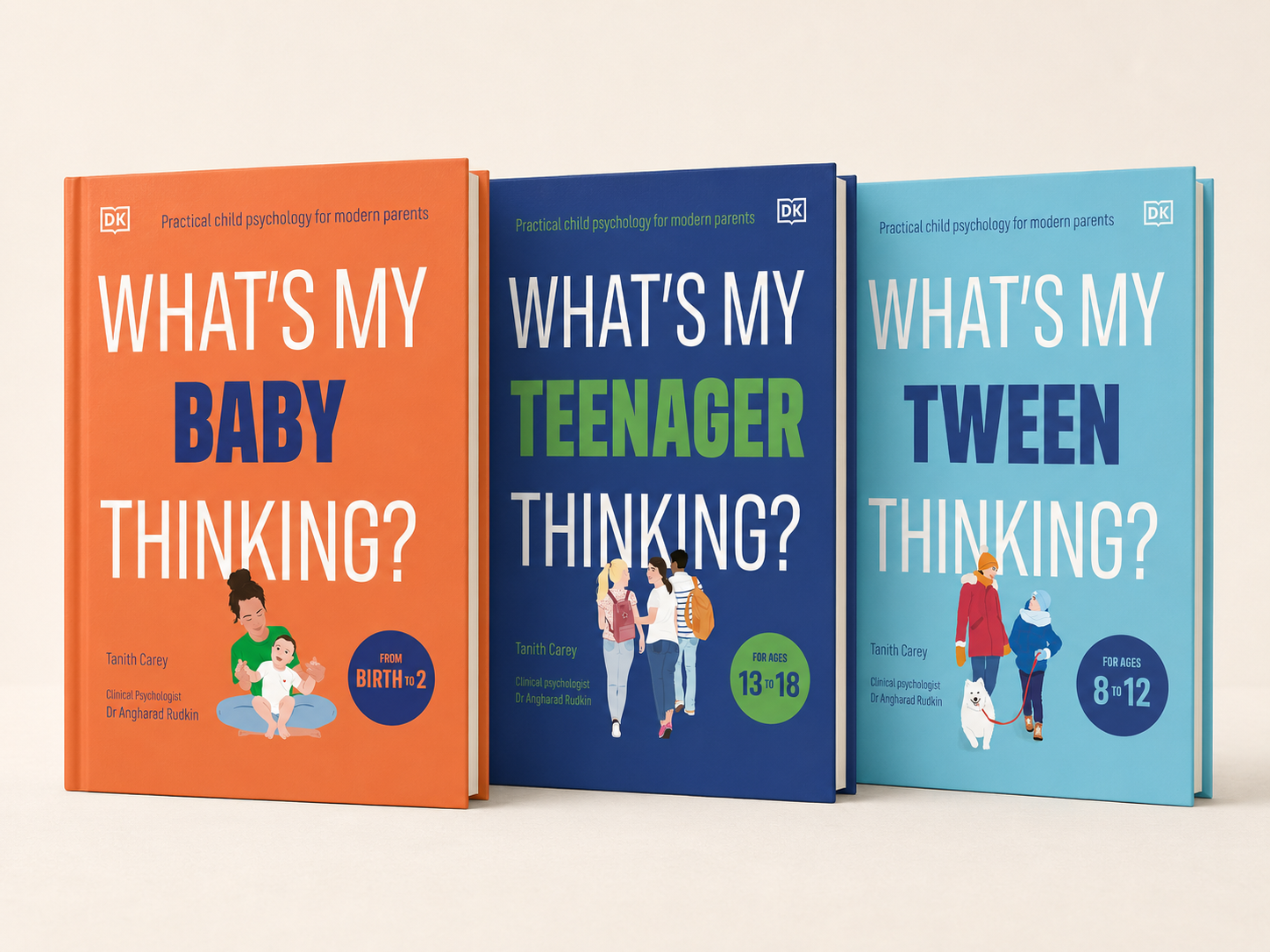 Trois livres colorés alignés, chaque couverture indiquant « Qu'est-ce que mon bébé pense-t-il ? », « Qu'est-ce que mon adolescent pense-t-il ? » et « Qu'est-ce que mon enfant pense-t-il ? » avec des illustrations d'enfants et d'adultes.