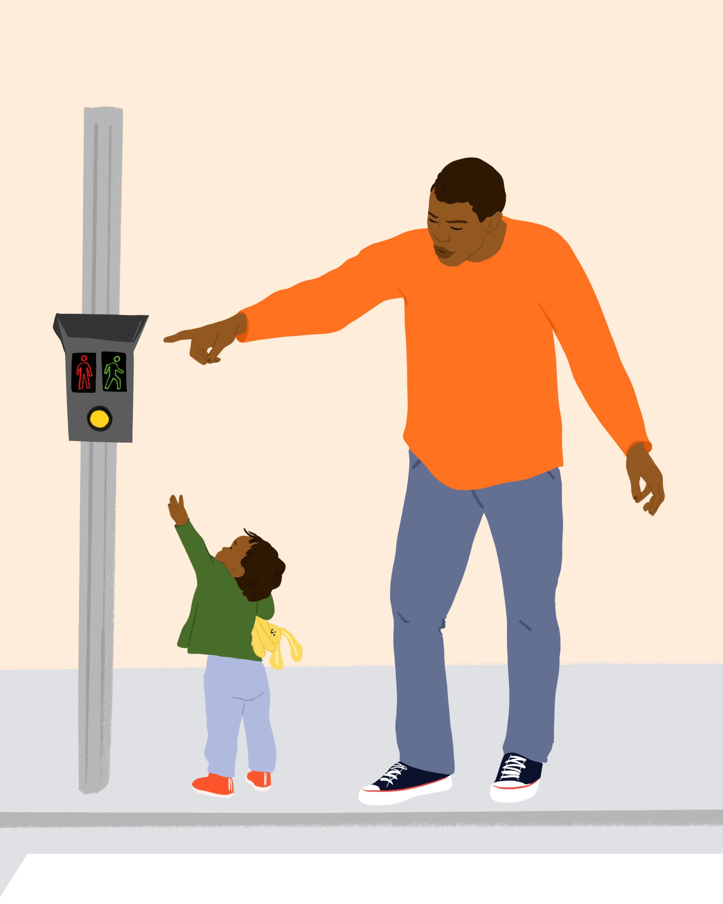 Un homme et un enfant attendent au passage piéton, l'homme pointe la lumière rouge pour les piétons, l'enfant lève la main. La lumière rouge indique que c'est le moment d'arrêter, la lumière verte indique que c'est le moment de traverser.