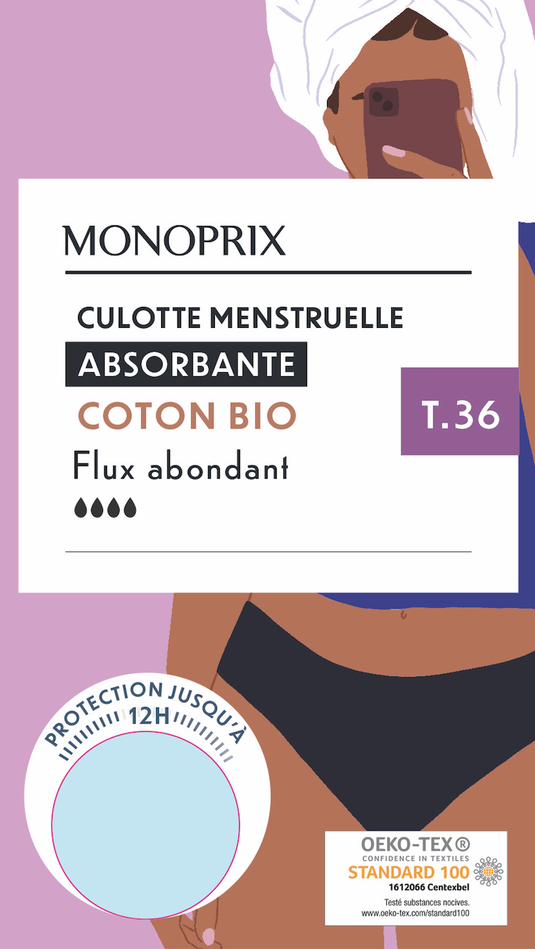 Emballage de cupule menstruelle bio, absorbante, pour flux abondant, avec une illustration d'une femme portant un turban blanc, vue en selfie.