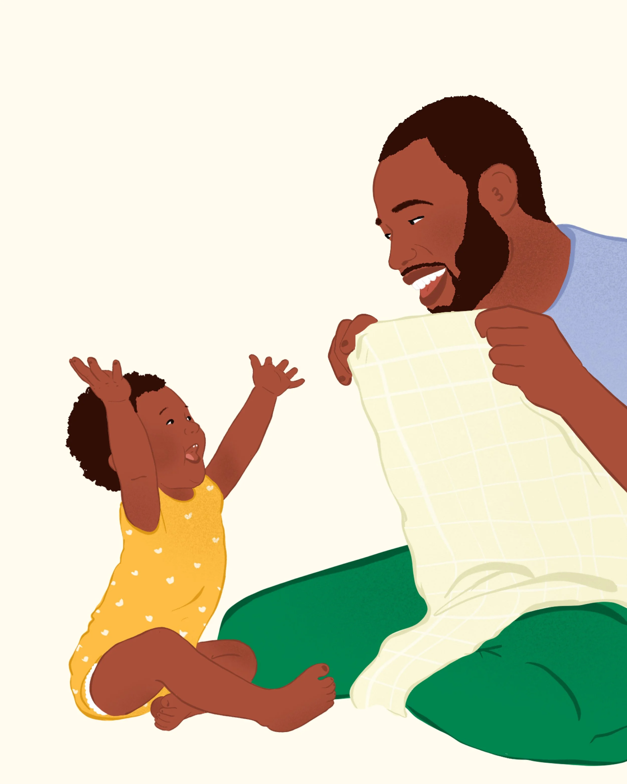 Un homme souriant joue avec deux enfants, une fille et un bébé, dans une ambiance chaleureuse et affectueuse.