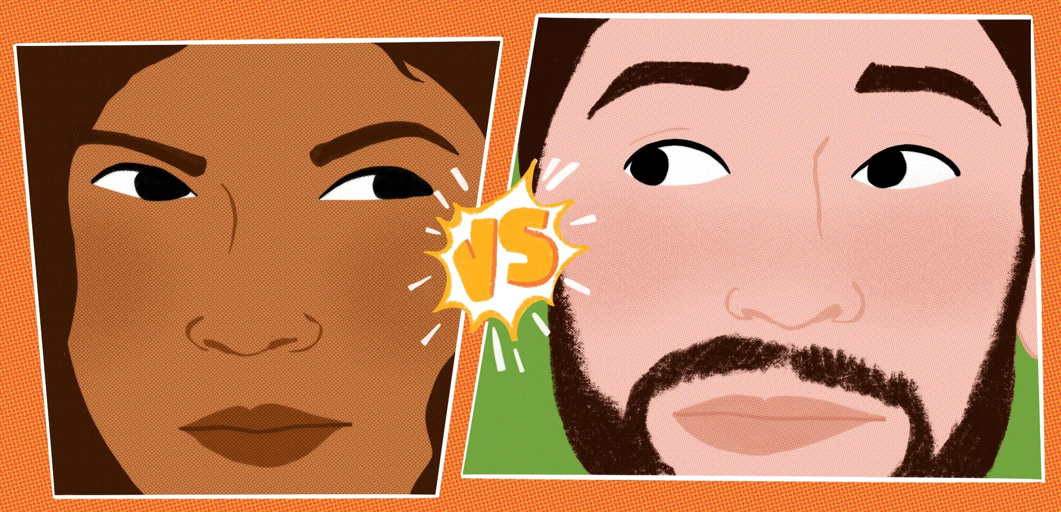 Illustration de deux visages, un homme et une femme, avec le mot "VS" au centre, suggérant une confrontation ou un défi.
