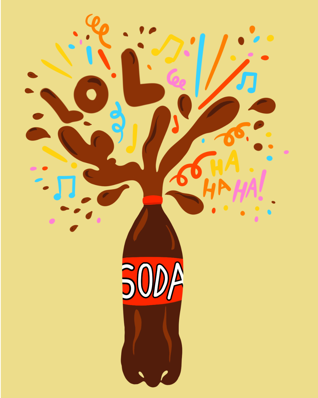 Une bouteille de soda avec une explosion de mousse, des éclaboussures de chocolat, et des notes de musique colorées et des mots comme "LOL" et "HA HA" décorent l'image