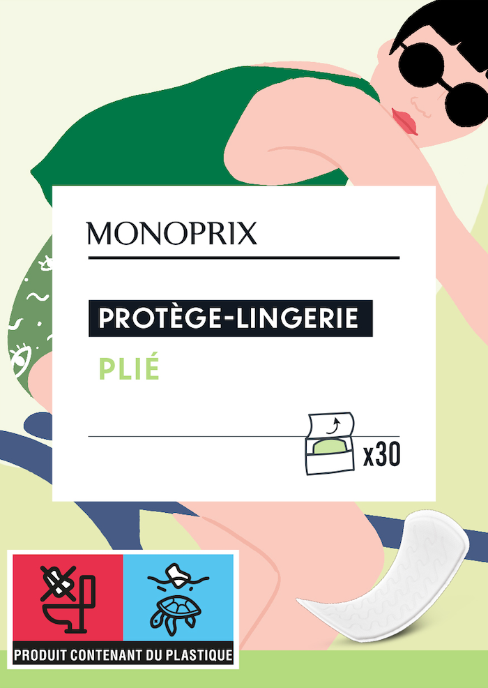 Paquet de protège-lingerie Monoprix plié avec illustration de 30 unités, signalant qu'il s'agit d'un produit contenant du plastique, avec une image de protège-lingerie et une femme portant des lunettes de soleil.