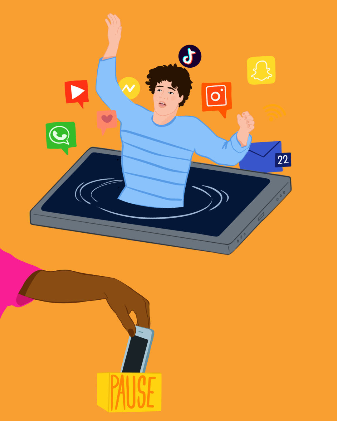Illustration d'une personne émergée d'un téléphone portable avec des icônes de réseaux sociaux autour, comme TikTok, Snapchat, Instagram et WhatsApp, suggérant l'utilisation intensive des médias sociaux.
