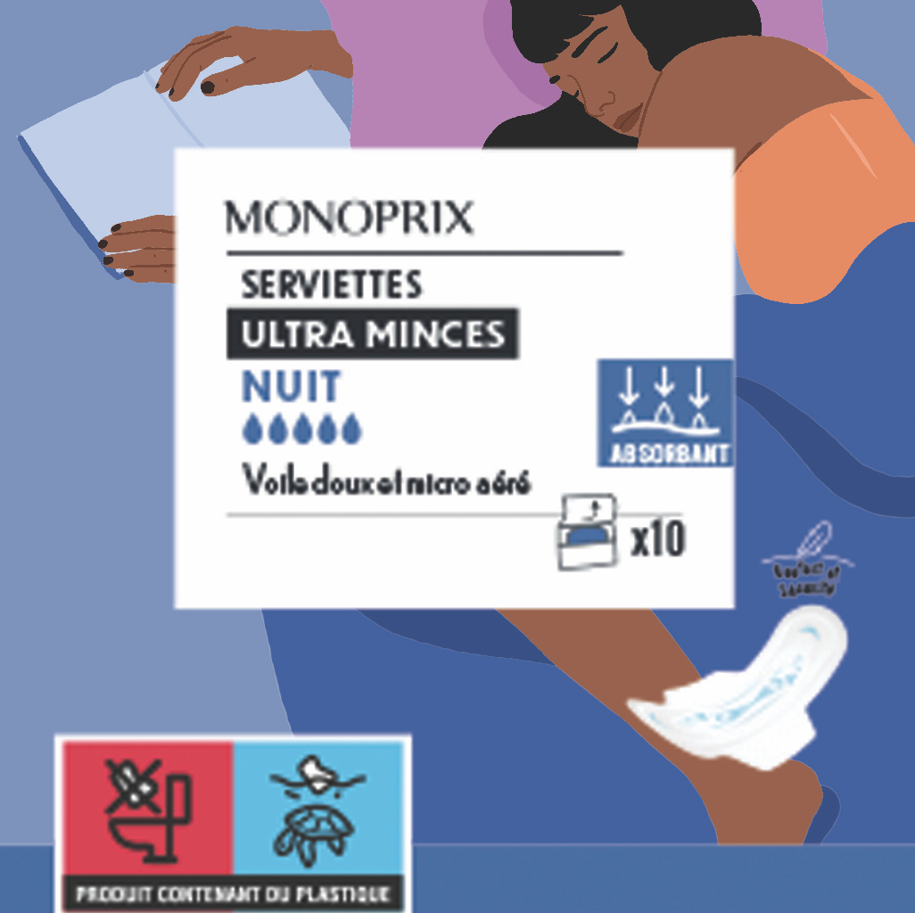 Illustration d'une famille dans une salle de bain avec un paquet de serviettes hygiéniques Ultra Minces pour la nuit, marquage absorbant et doux pour le micro, avec des symboles indiquant qu'elles sont sans parfum, avec 10 serviettes. Il y a égalemen