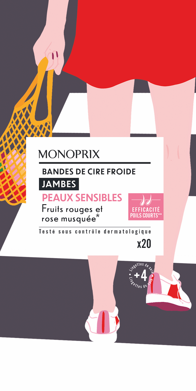 Une illustration de jambes d'une personne portant une jupe rouge, tenant un filet en maille de couleur jaune. La personne porte des baskets roses et blanches. Sur l'image, il y a aussi un emballage de produits Monoprix pour bandes de cire froide pour