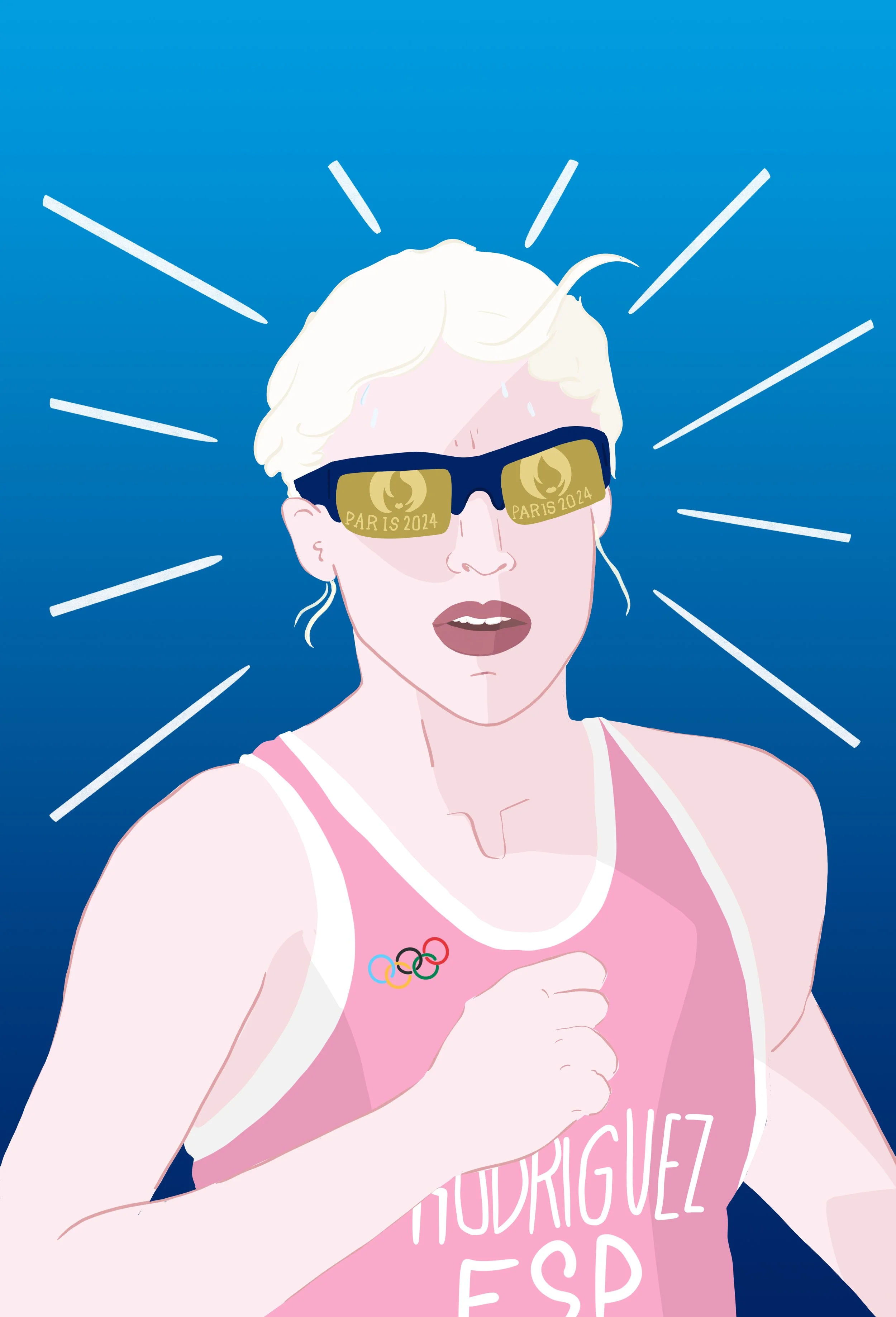 Illustration d'une athlète féminine portant des lunettes de soleil avec la mention "PARIS 2024" et des lunettes de soleil avec le logo des Jeux Olympiques, en train de courir, avec le texte "HONORIGUEZ ESP" sur sa tenue de sport.