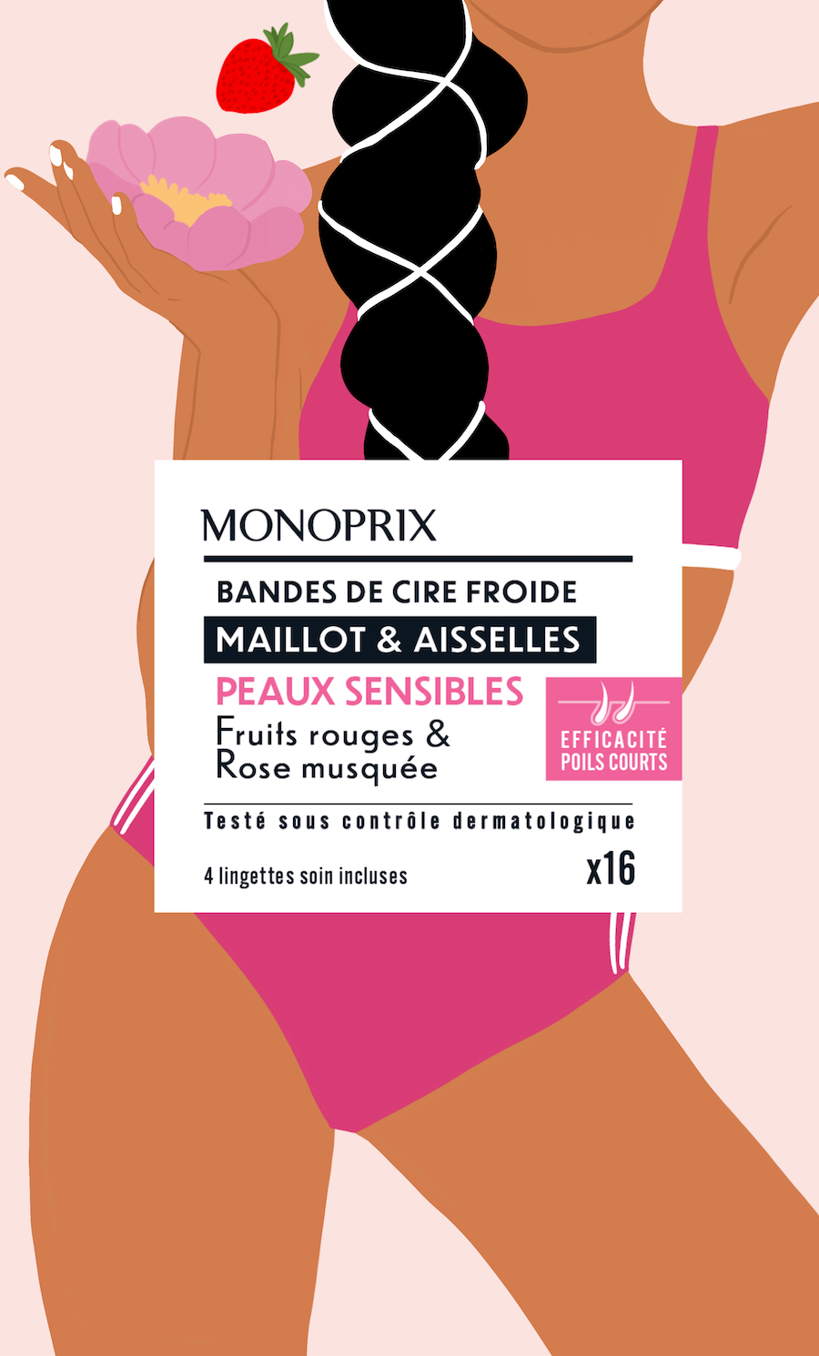 Emballage de bandes de cire froide Monoprix pour peaux sensibles avec illustration d'une femme en maillot de bain rose tenant une fleur, une fraise et un bouquet de fleurs, avec un fond rose clair.