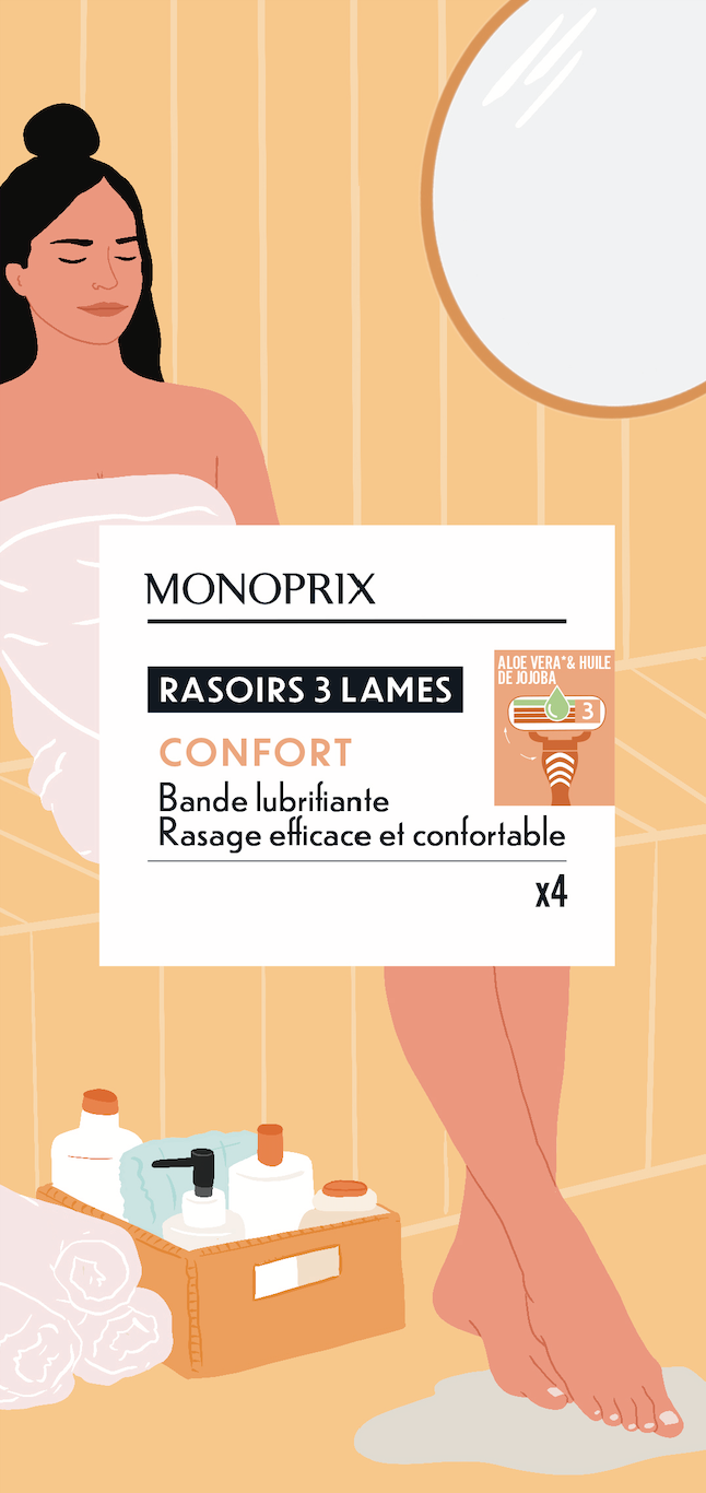 Une illustration d'une femme se rasant les jambes dans une salle de bain en bois, avec une boîte de lames de rasoir, des bouteilles de produits de soin, des serviettes et un miroir rond.