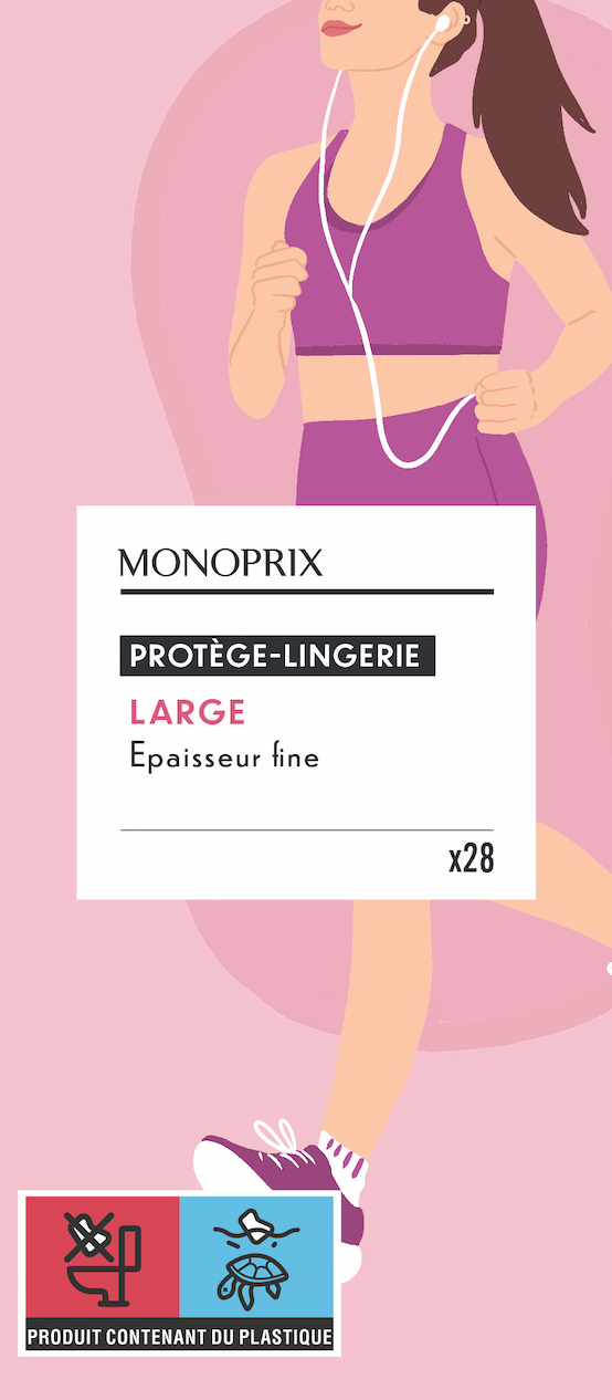 Promotion de serviettes hygiéniques Monoprix pour grandes tailles, fines, avec un dessin d'une femme courant, portant des écouteurs, en vêtements de sport, avec un symbole indiquant un produit contenant du plastique.