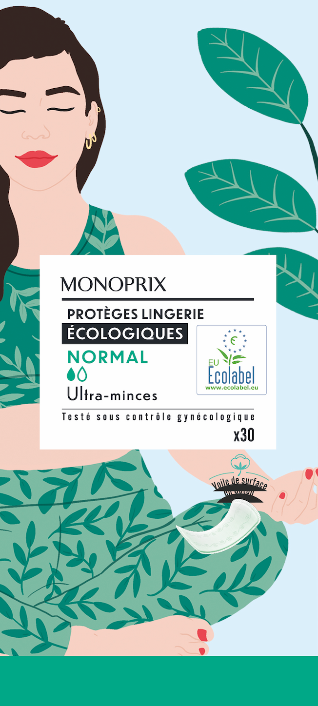 Emballage de protections hygiéniques écologiques Monoprix avec illustration d'une femme et de feuilles, indiquant qu'elles sont normal, ultra-minces et testées sous contrôle gynécologique.