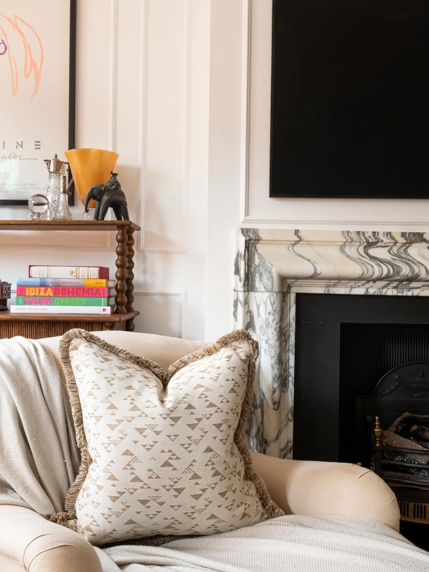 Absolutely swooning over this gorgeous cushion from @_matchd_ in our client&rsquo;s stunning home 🤍✨
The soft neutrals, subtle pattern, and beautiful texture add the perfect layer of warmth to this cozy corner. Styled against that marble fireplace! 