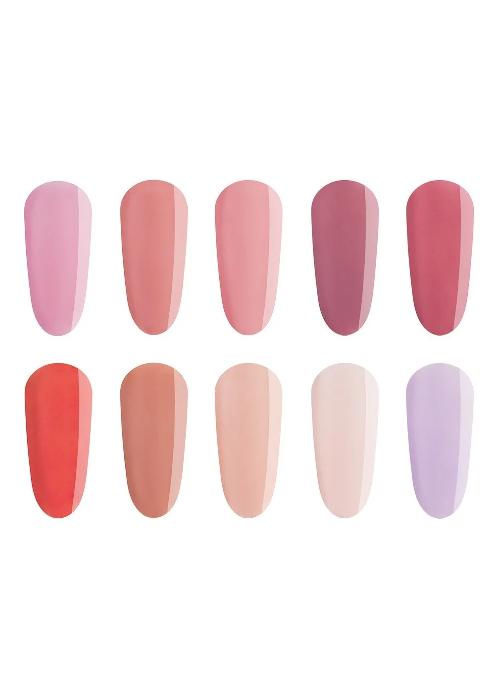 Ten nail polish swatches in various shades of pink, red, beige, and purple.