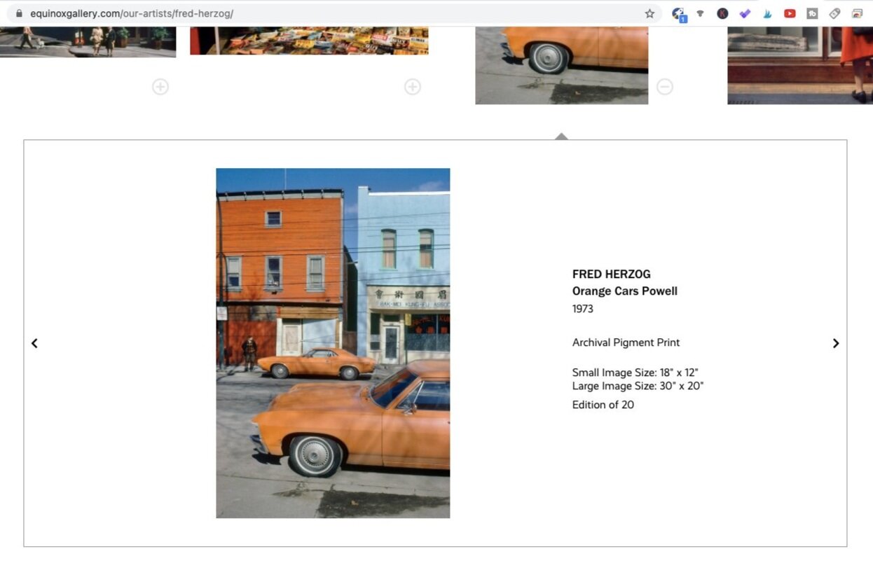 Orange Cars Powell (1973). Photo by Fred Herzog. Screen shot taken from Equinox Gallery.