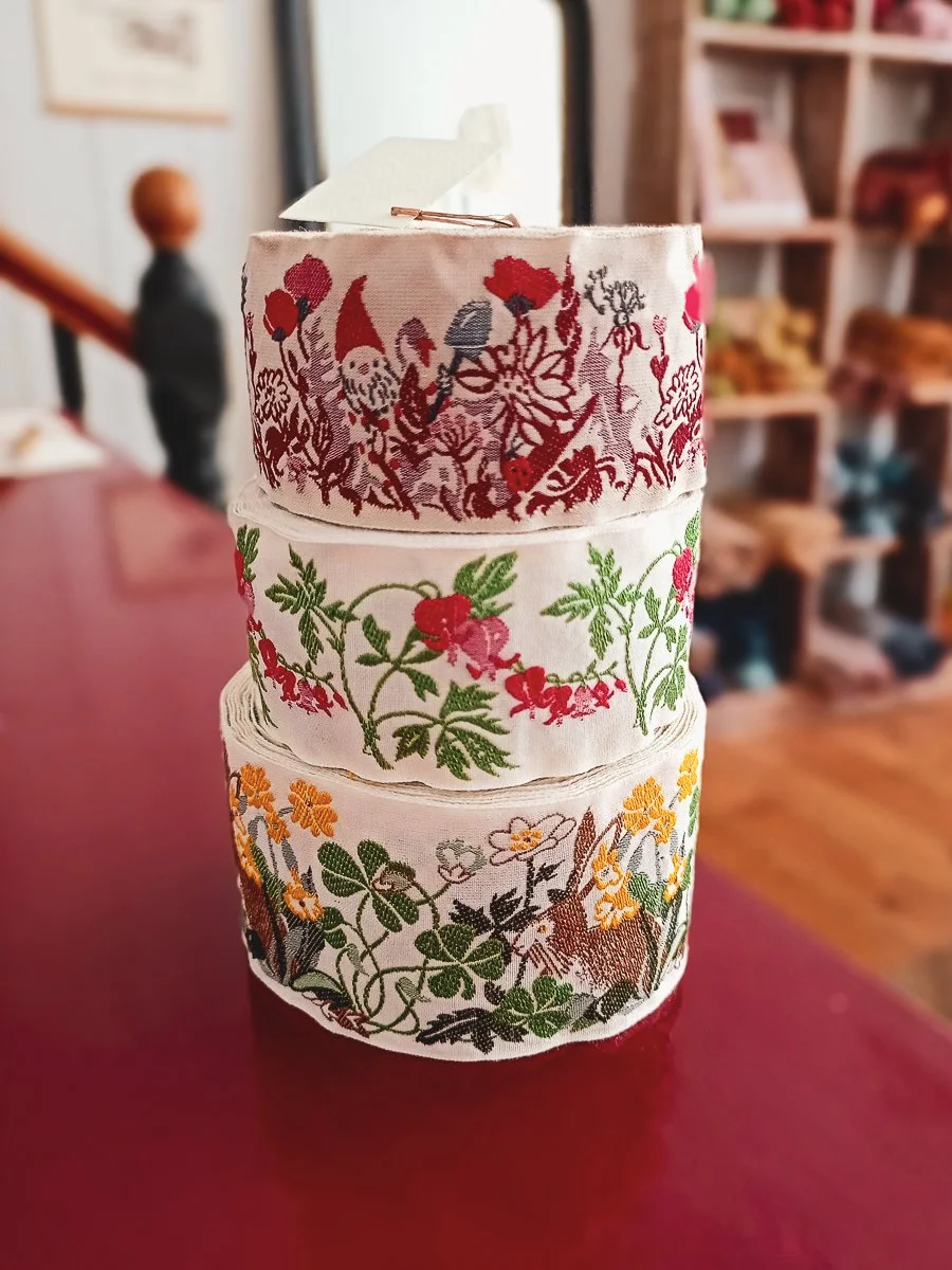 We have a lovely selection of these woven ribbons from Germany. They are 90% cotton and rather special.
More designs are on their way as I write, so do pop in and take a look.
