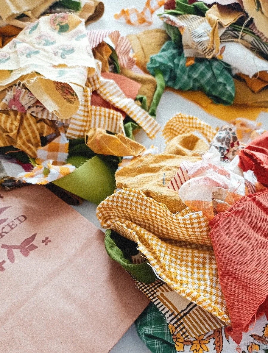 Gathering remnants for our popular scrap bags - filled with off cuts and scraps of various sizes.
These are for the yellow, green and orange ones...