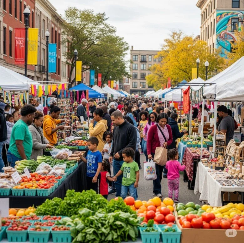 Outdoor farmers market with vendors selling fresh produce and handmade goods, crowded with diverse shoppers, tents and colorful banners along a city street in autumn.