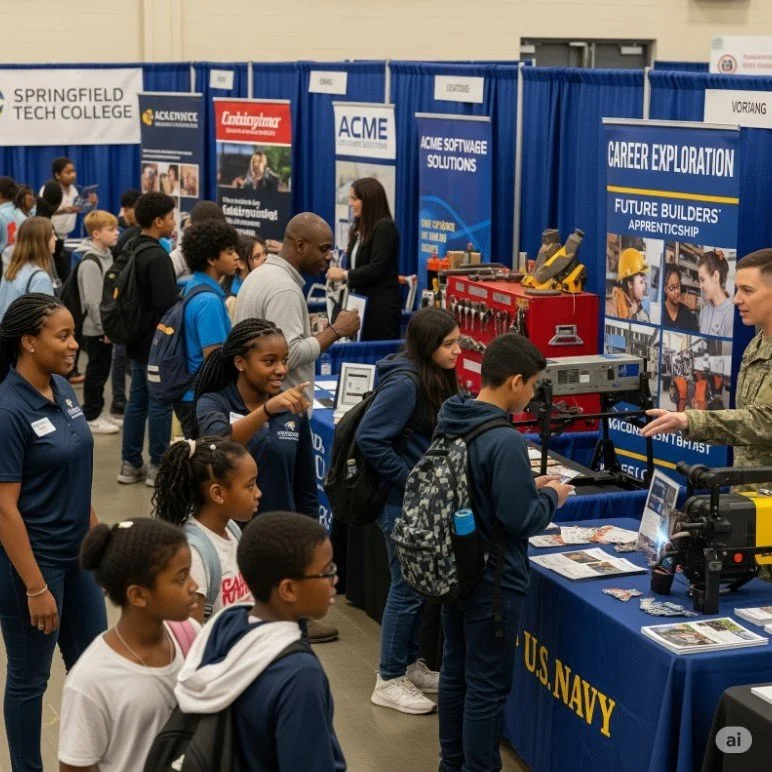 Students and attendees at a career expo visiting U.S. Navy and technical college displays, with booths featuring equipment and informational banners.
