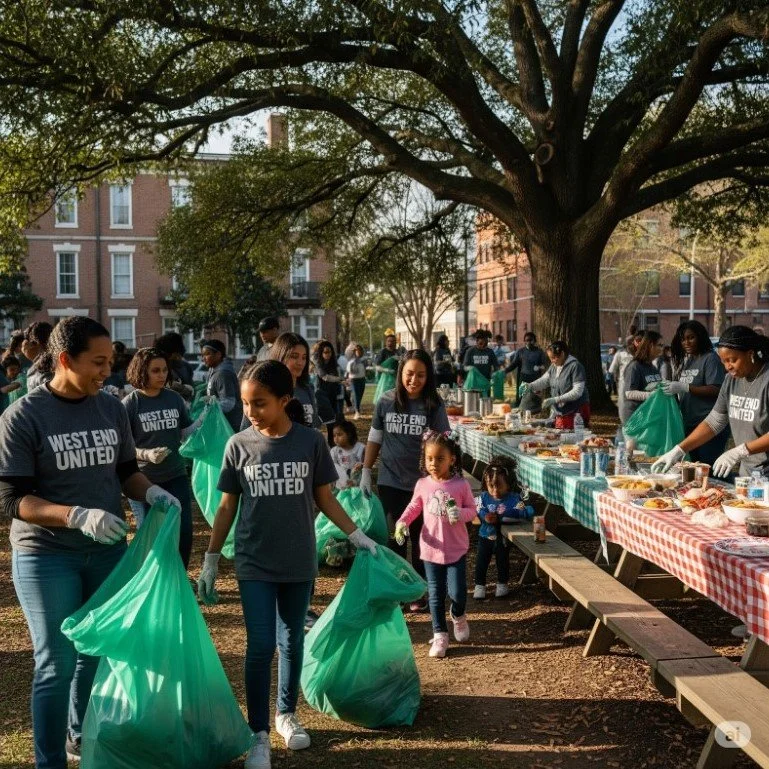 People participating in a community outdoor event under a large tree, with tables of food and volunteers wearing matching "West End United" shirts, some collecting trash with green bags.