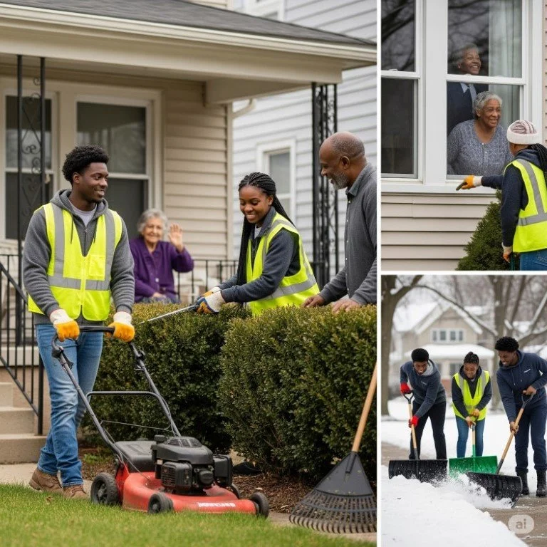 Family and volunteers raking leaves and shoveling snow in front of a house during yard cleanup.