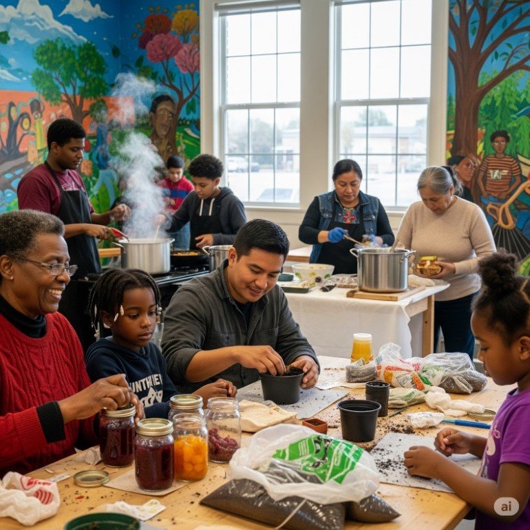 People of diverse ages and backgrounds participating in a community baking or cooking activity indoors, with a colorful mural on the wall and a large window in the background.