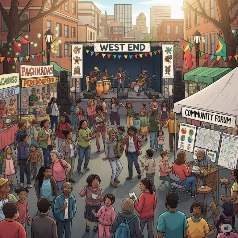 A lively outdoor community festival with a stage for live music, food stalls, and a community forum booth, set in a city street.