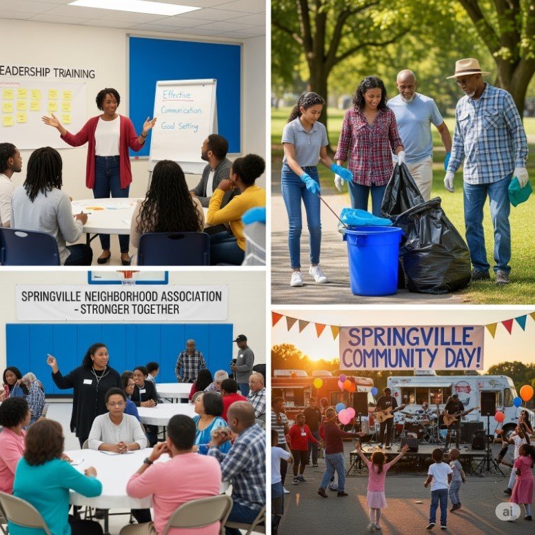 Collage of four images from a community event in Springville: top-left shows a woman giving a presentation in a training session; top-right shows people volunteering for a cleanup; bottom-left shows a community meeting; bottom-right shows people dancing and enjoying a concert at Springville Community Day.