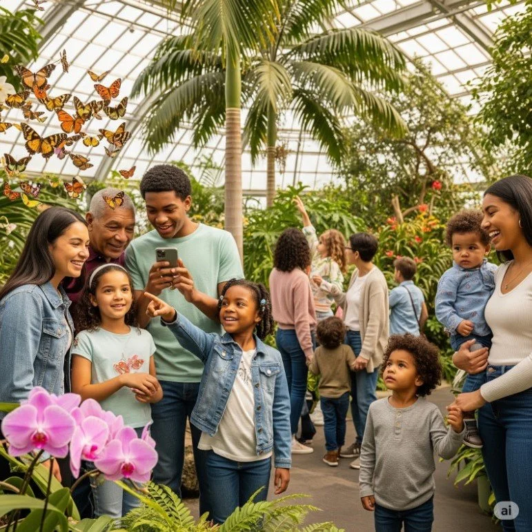 A diverse group of people, including children and adults, inside a botanical garden or greenhouse with tropical plants and butterflies, engaging happily with each other and taking photos.
