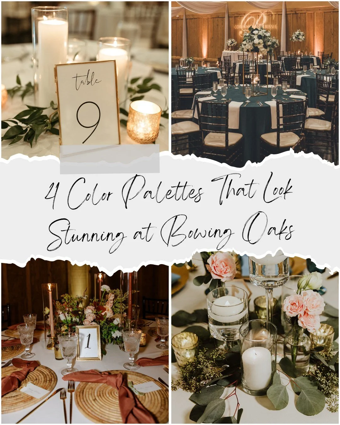 Choosing the right color palette sets the tone for your wedding day, and at Bowing Oaks, our versatile setting enhances every shade and style. Whether you’re drawn to timeless elegance or modern romance, these four wedding color palettes create
