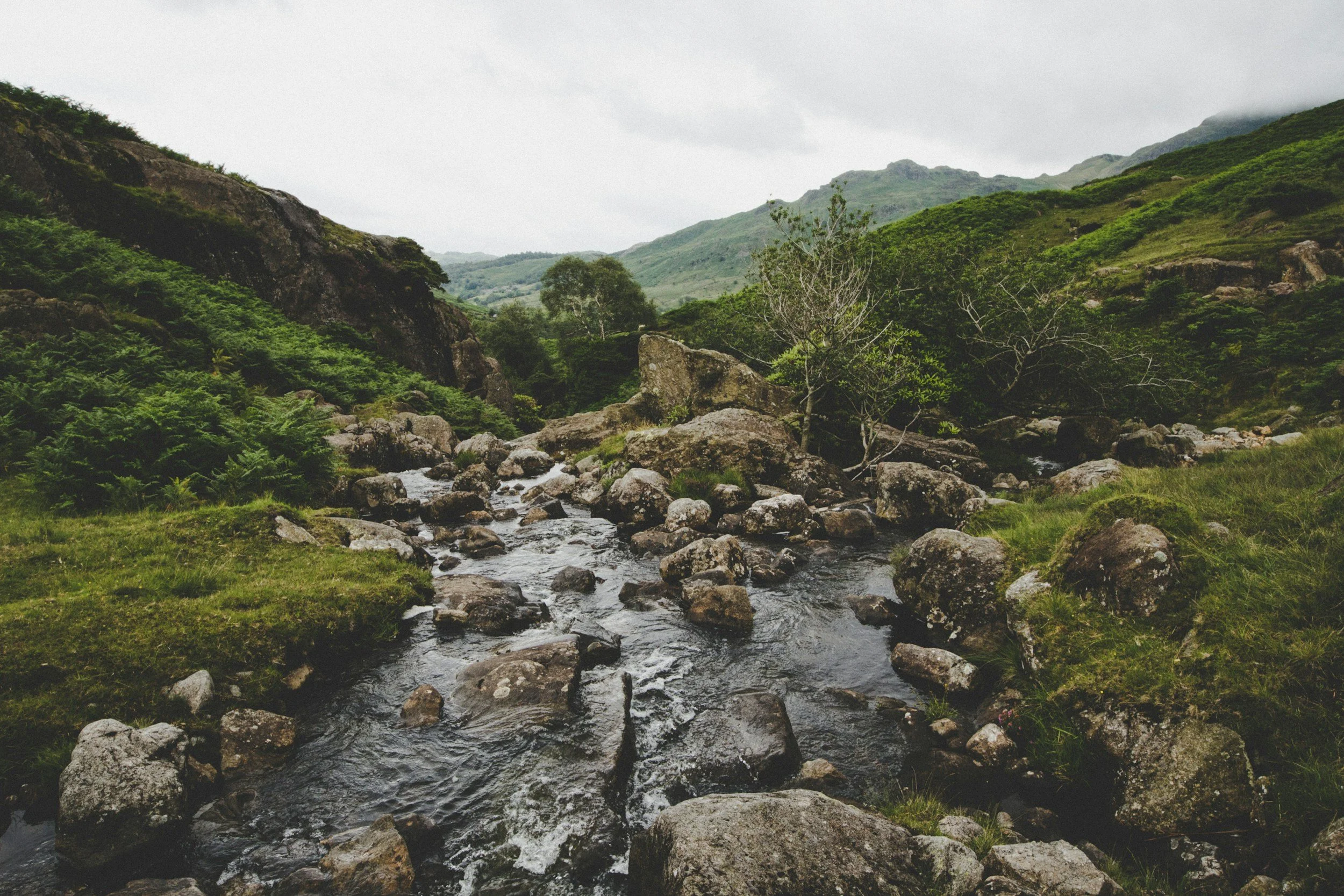 A mountain landscape with a flowing stream, rocks, trees, and green hills under a cloudy sky.