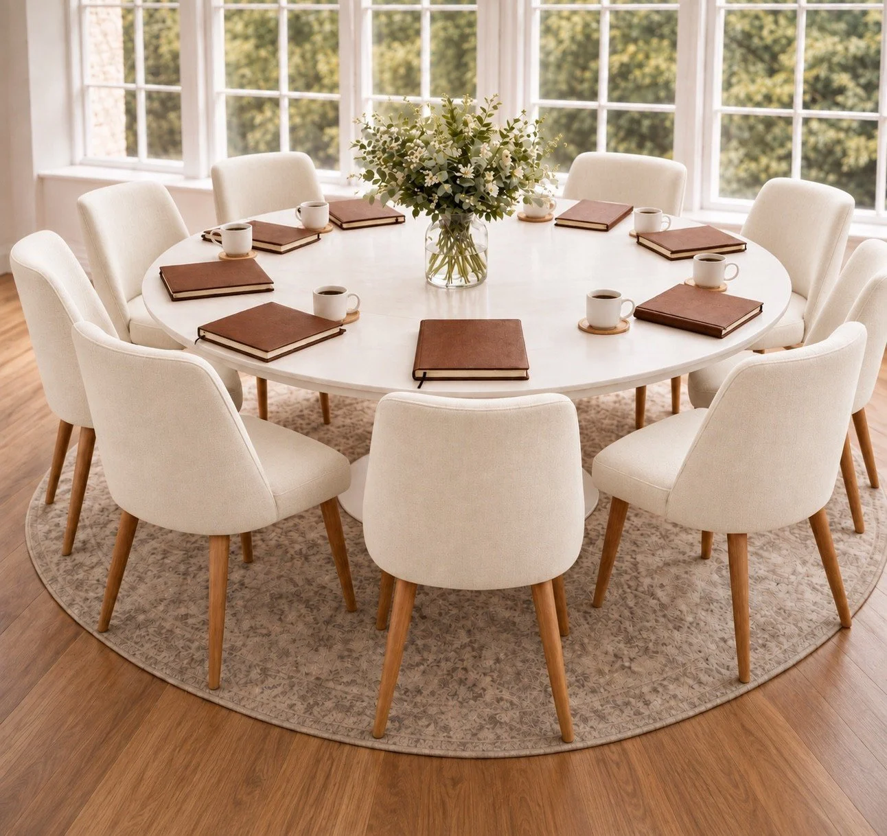 Round dining table with ten beige upholstered chairs, a vase of white and green flowers, and brown notebooks with cups of coffee in a bright room with large windows.