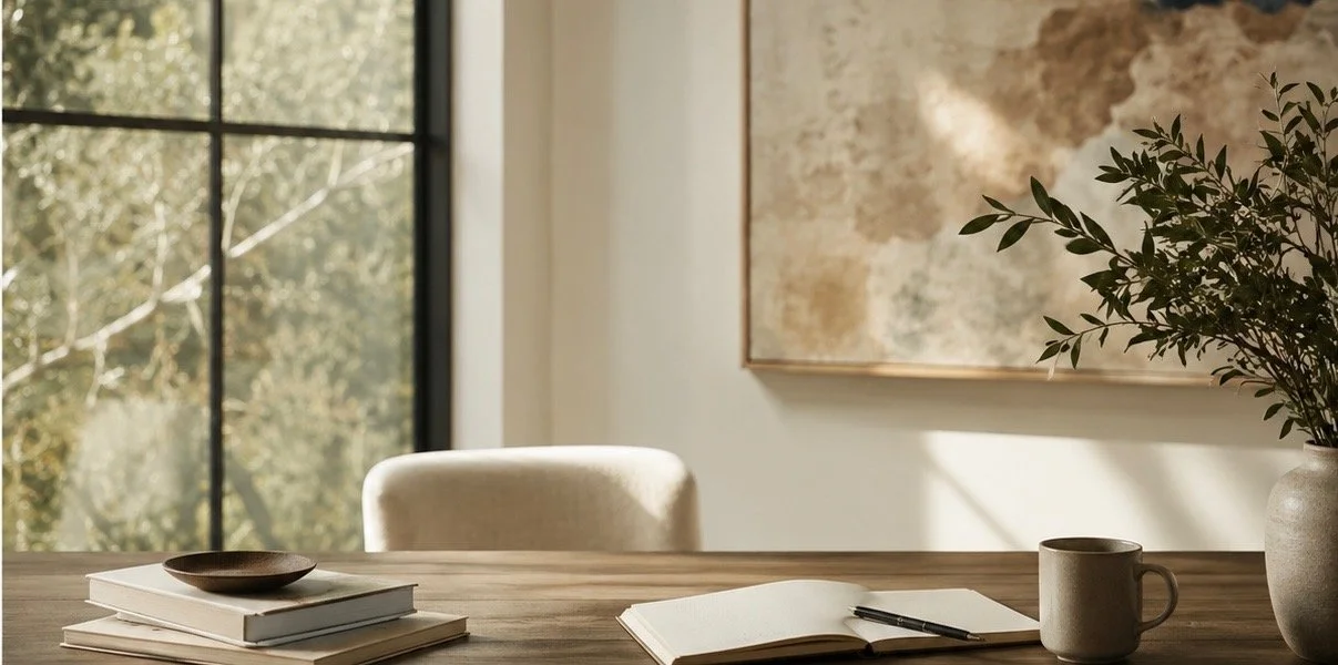 Minimalist leadership advisory workspace with warm natural light