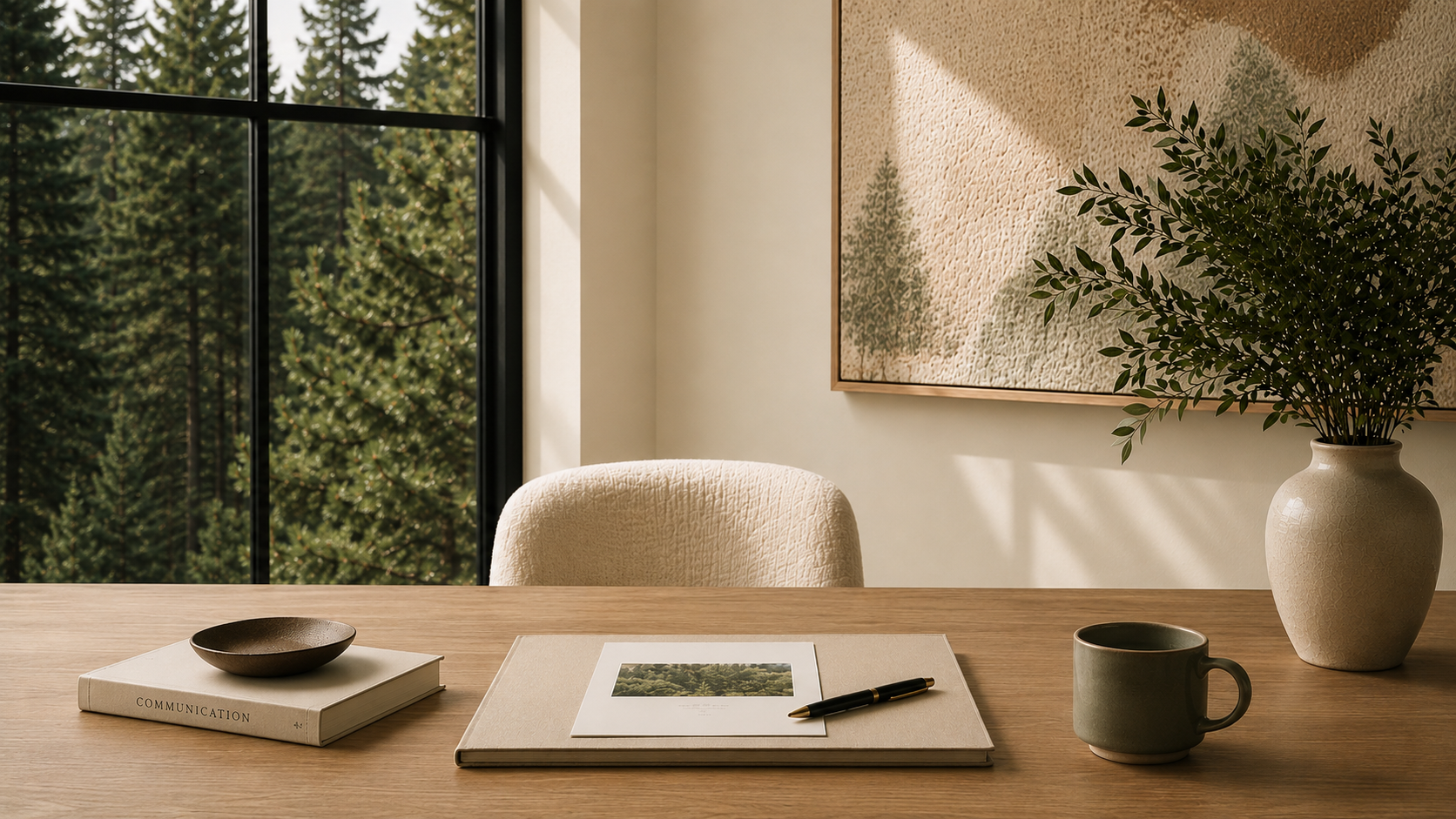 Executive advisory workspace with grounded modern design and natural light